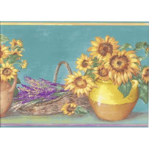Light Blue Yellow Sunflower Pots Wallpaper Border