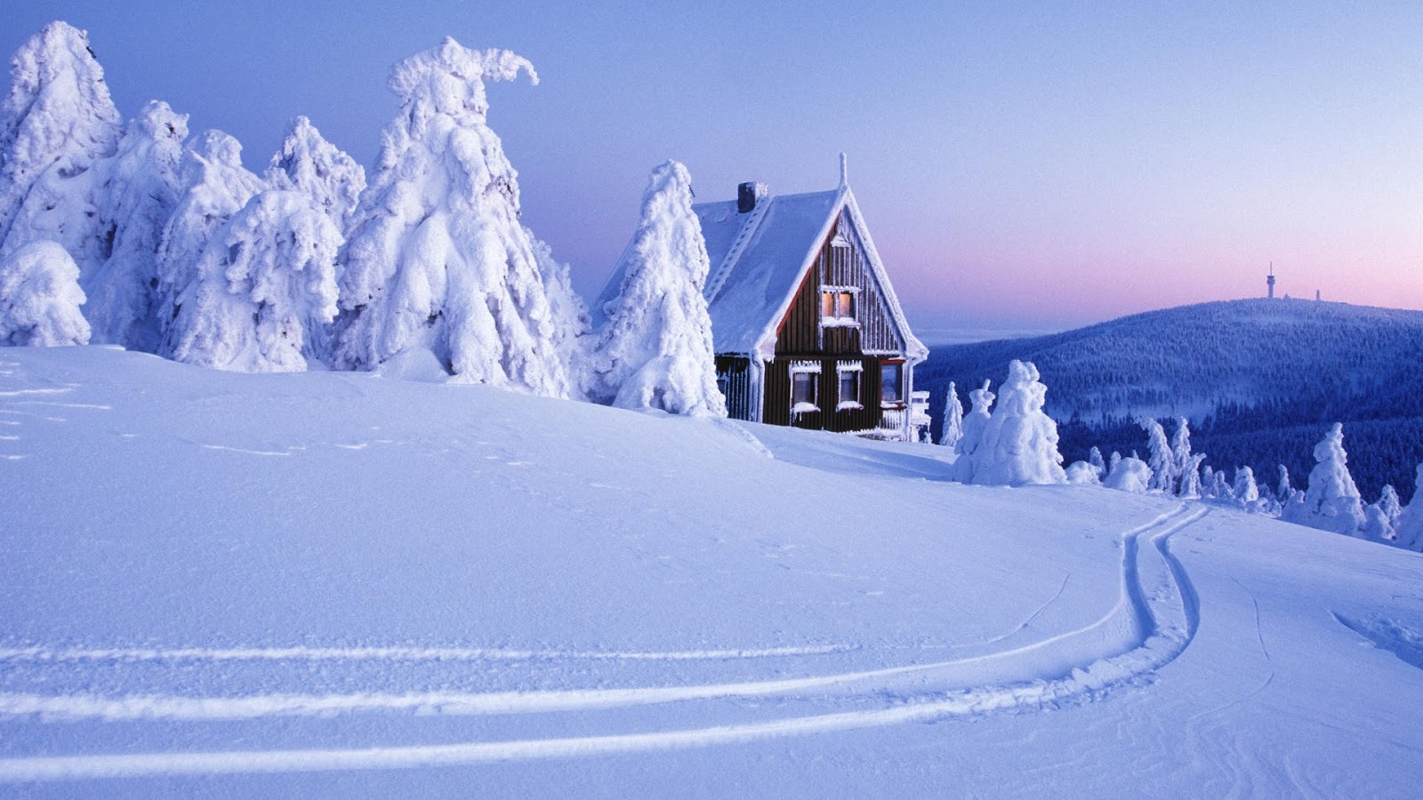 A cozy wooden cabin nestled in a snowy landscape, surrounded by snow-covered trees, with ski tracks in the foreground and a snow-capped mountain in the background