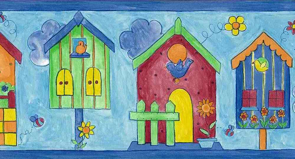 Blue Birdhouse Wallpaper Border Birds Red Green Orange Kids Norwall