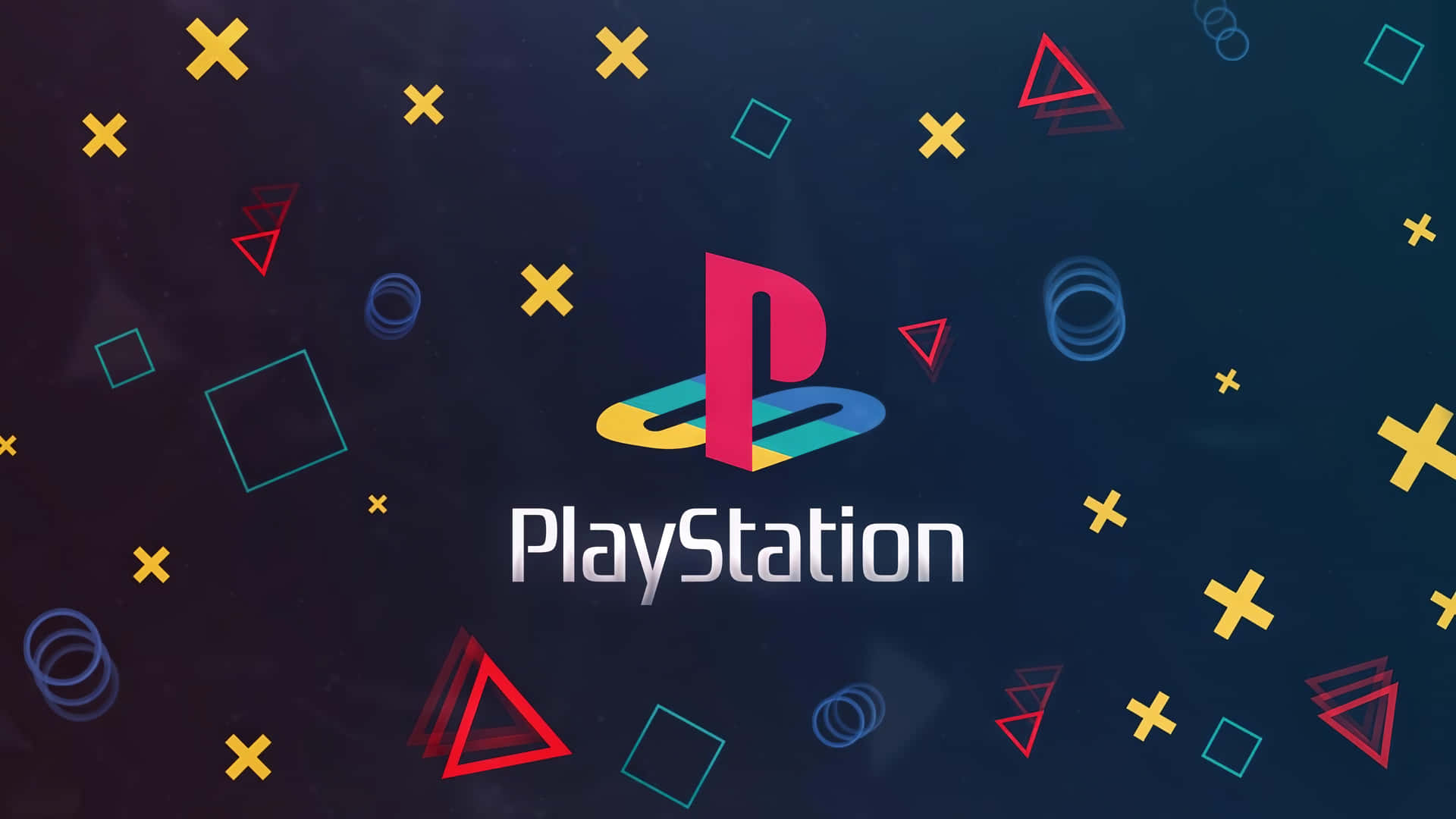 A vibrant PlayStation logo against a dark background, surrounded by colorful geometric shapes, evoking a retro gaming aesthetic