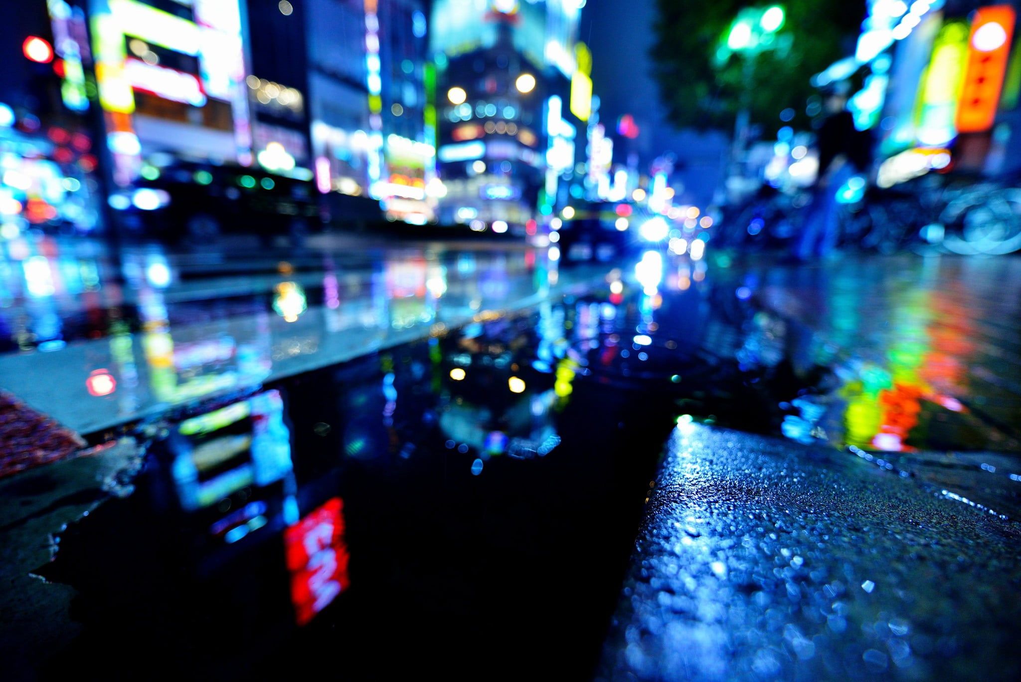 Wet Water Night The City Lights Rain Street Japan Tokyo