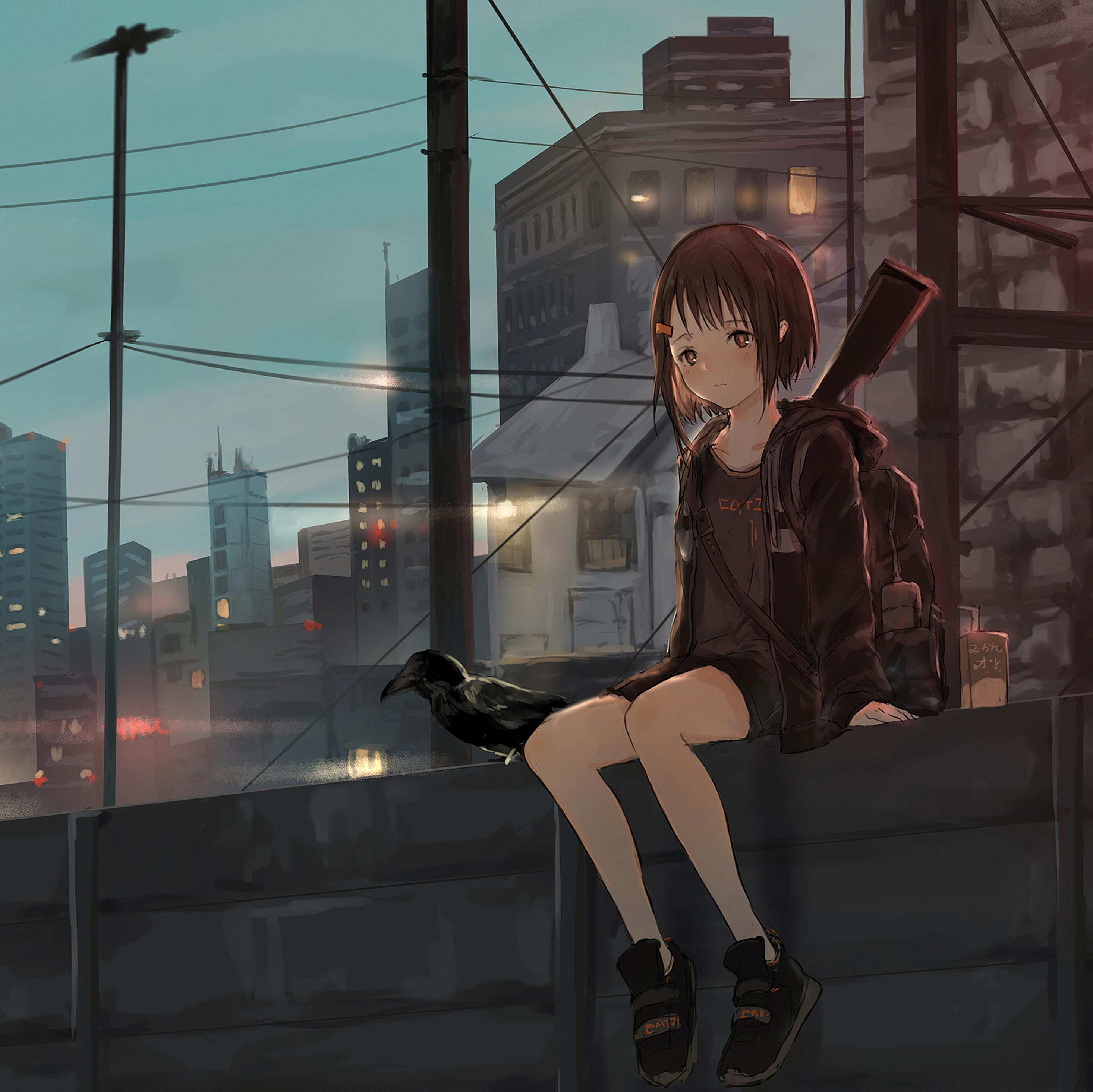 Anime Girl Sitting Alone Roof Sad 4k iPad Pro Retina