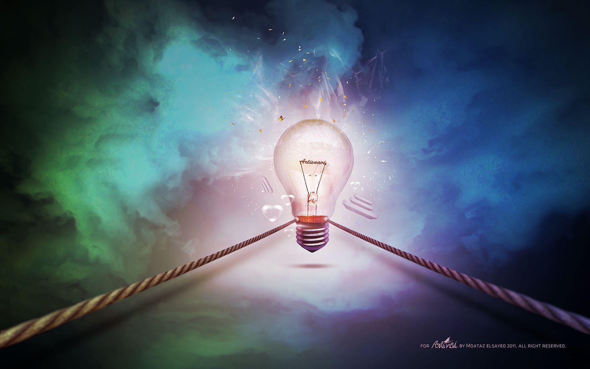 A glowing lightbulb balanced on two ropes against a backdrop of swirling colorful clouds, symbolizing creative inspiration and innovative ideas