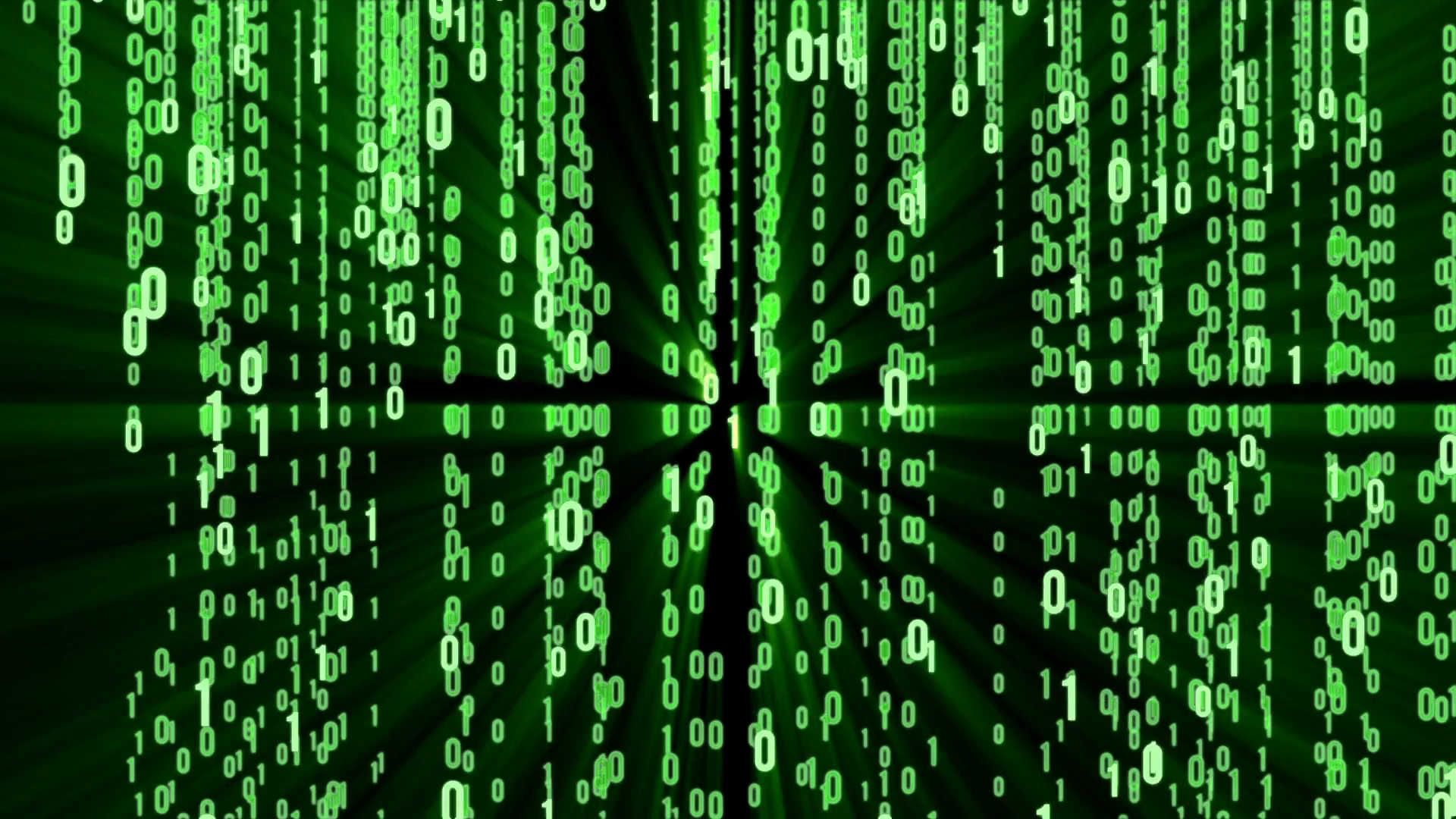 Green Matrix-style digital rain with binary code falling against a dark background, evoking a sense of hacking and cyberspace