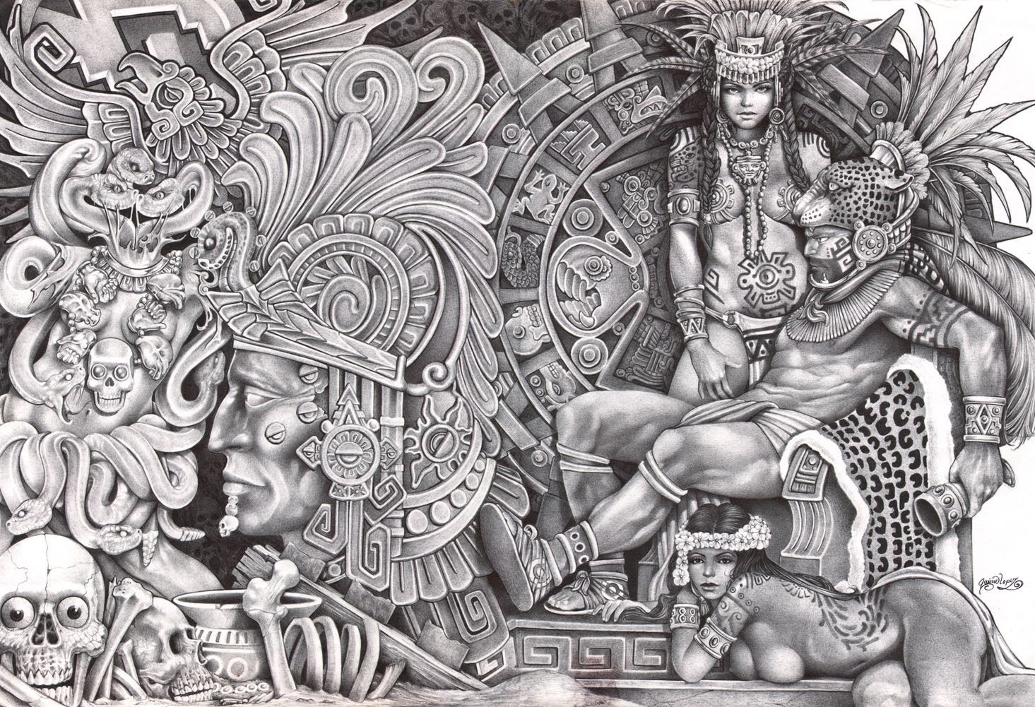 Aztec Dream By Mouse Lopez Mexican Indians Black White S Art