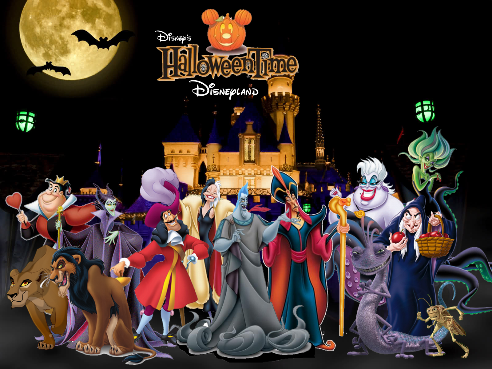 A collage of Disney villains against a backdrop of a spooky castle and a full moon, perfect for Halloween