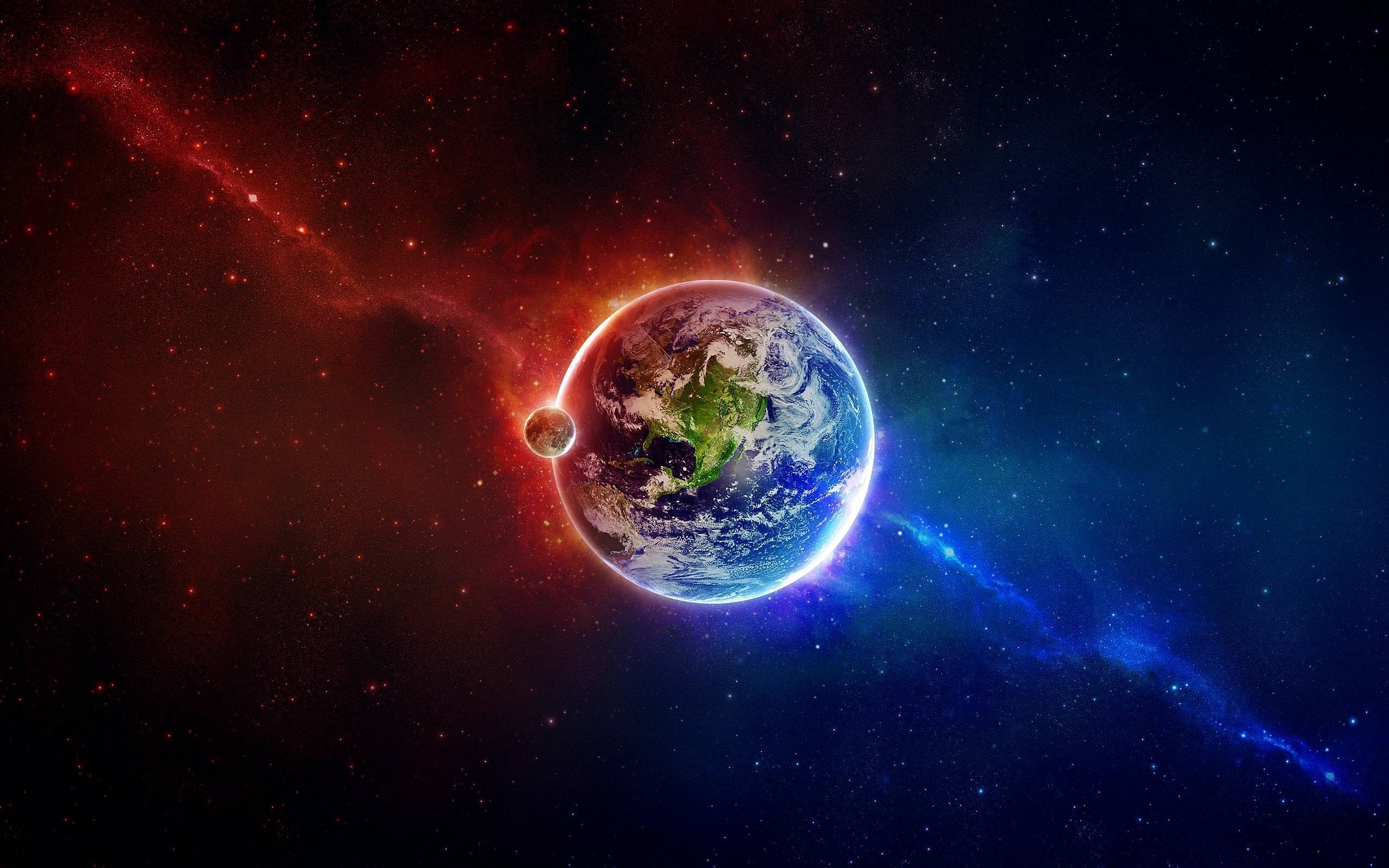 A vibrant depiction of Earth from space, bathed in contrasting hues of red and blue nebulae, with the Moon in close proximity