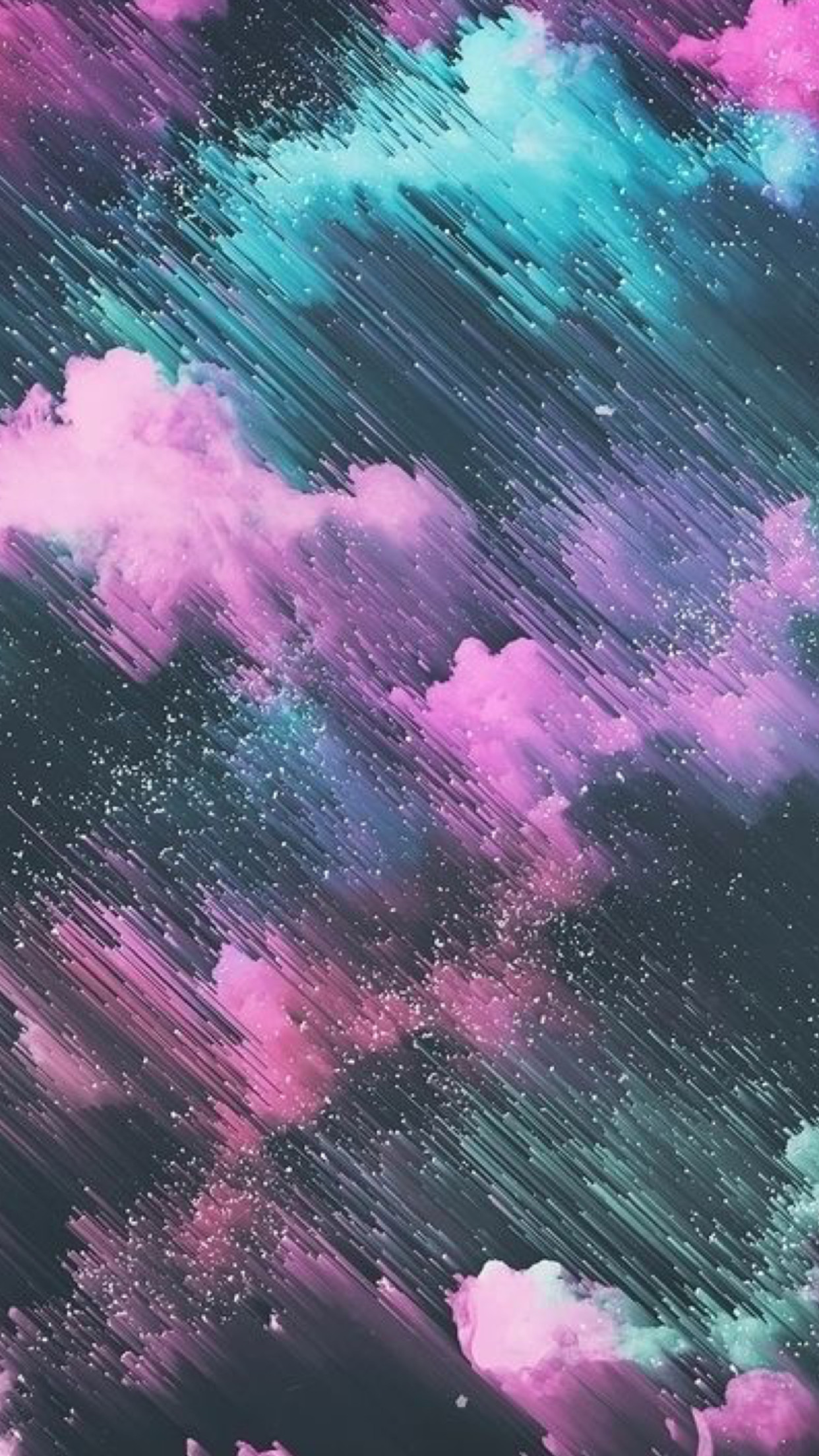 Abstract phone wallpaper with streaks of teal and pink against a dark background, resembling a cosmic rain or nebula