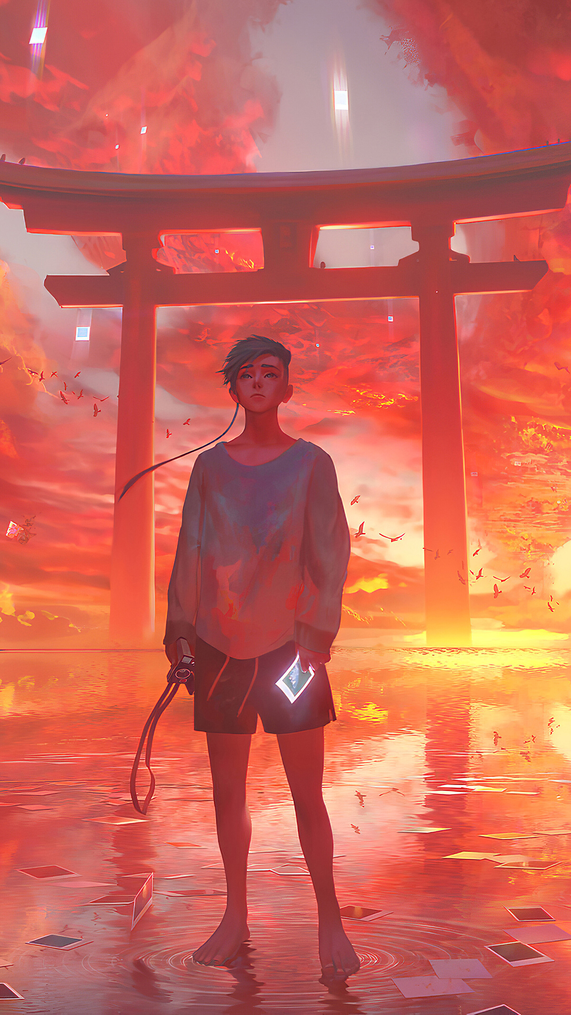 Anime Boy Sunset Gate Shrine 4k Wallpaper