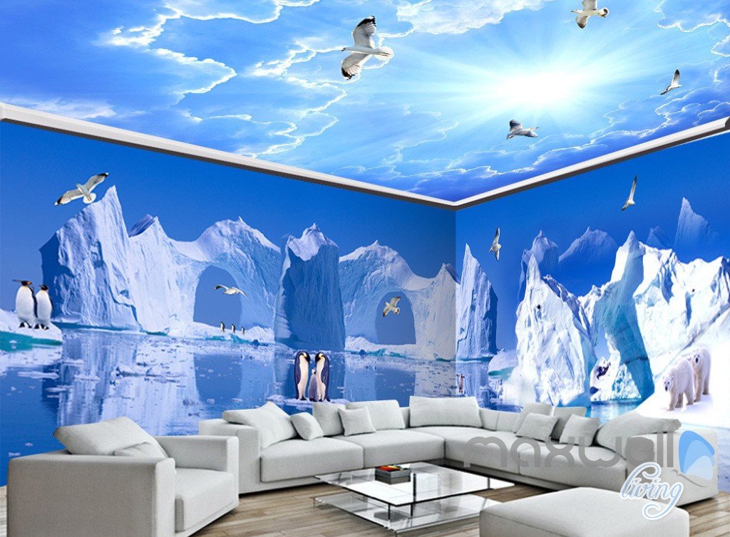 3d Iceberg Penguin Blue Sky Ceiling Entire Living Room Wallpaper
