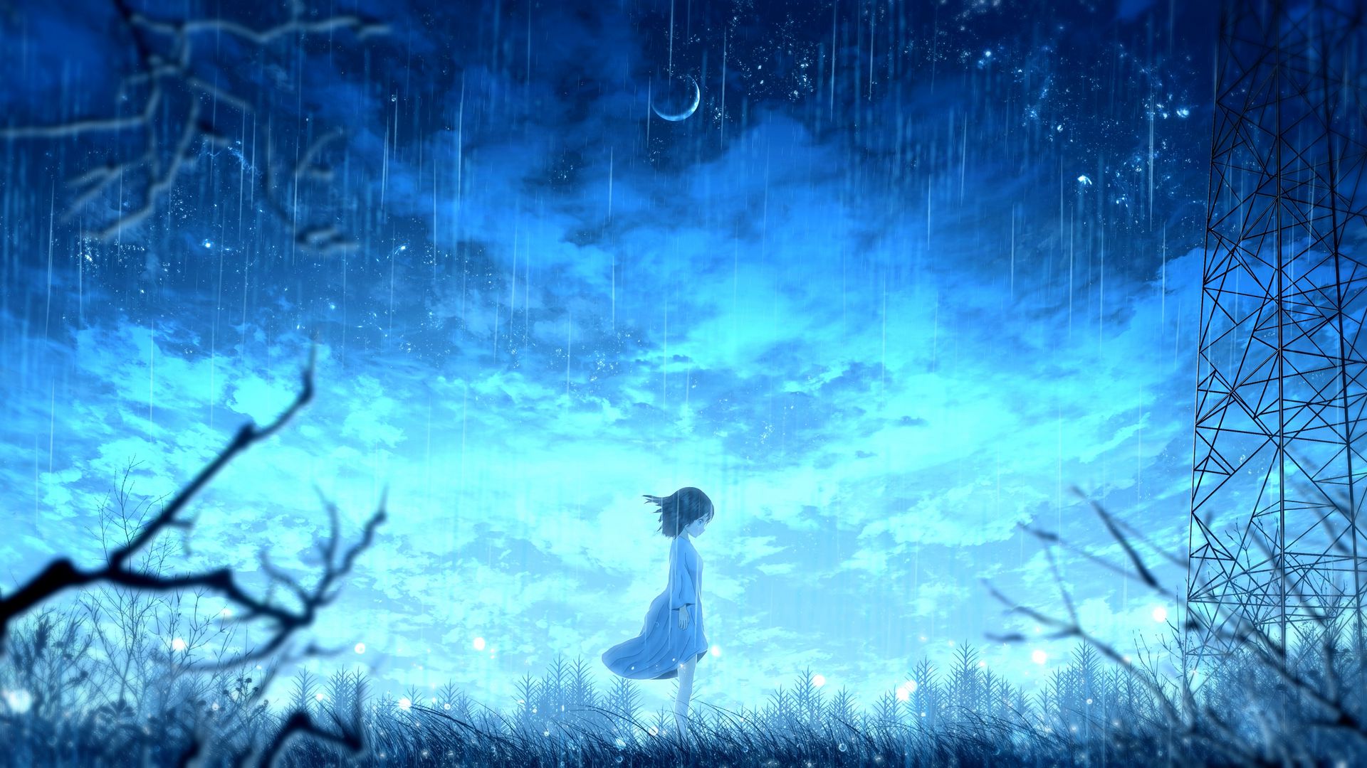 Wallpaper Girl Rain Anime Light Bright Full