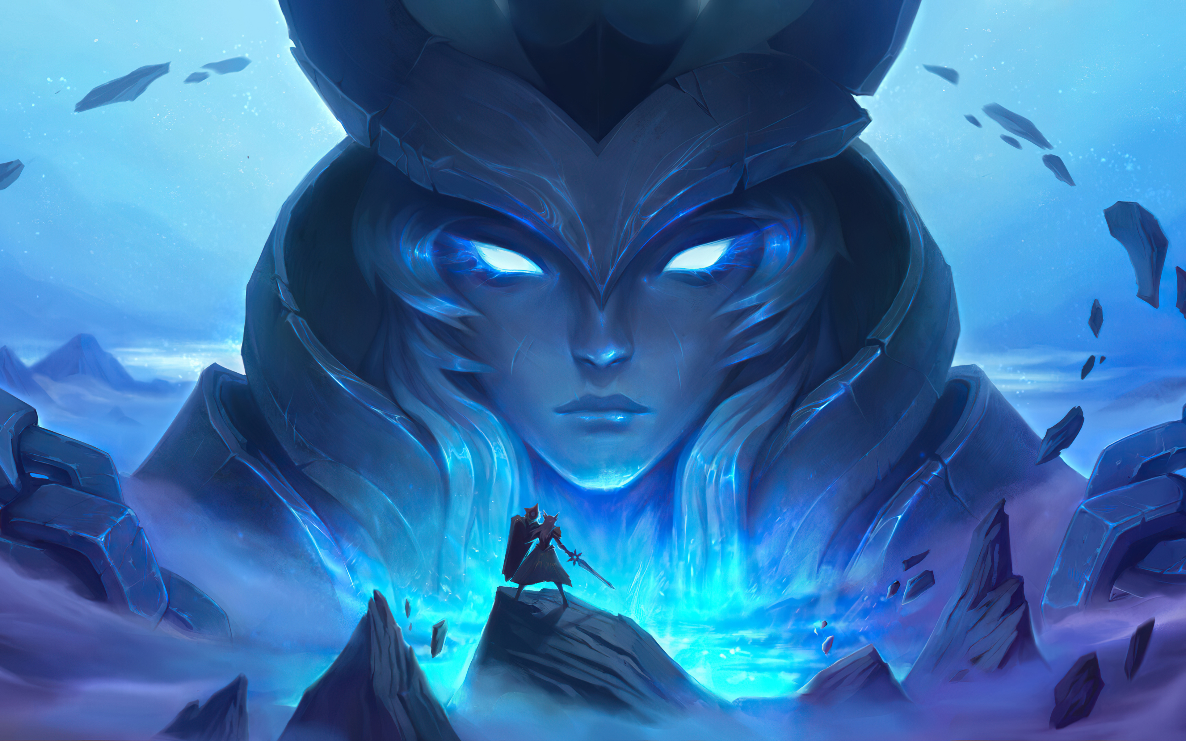 A warrior stands defiantly before a colossal, glowing, and ethereal female figure carved from rock, a scene from League of Legends
