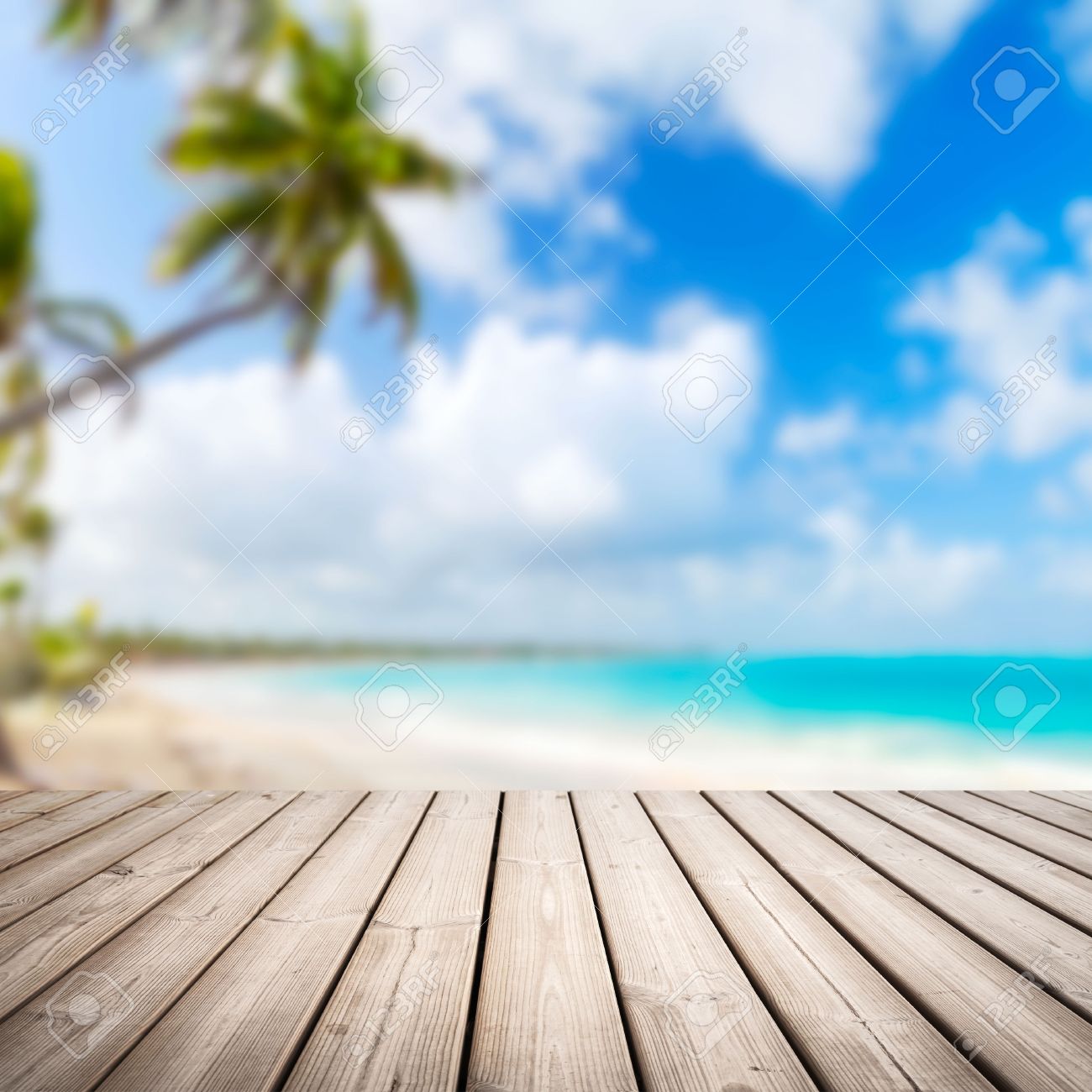 Empty Wooden Pier Background Over Blurred Tropical Beach Coastal