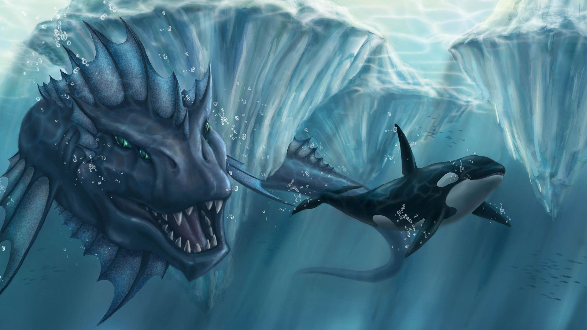 Sea monster chasing the killer whale Wallpaper 7526