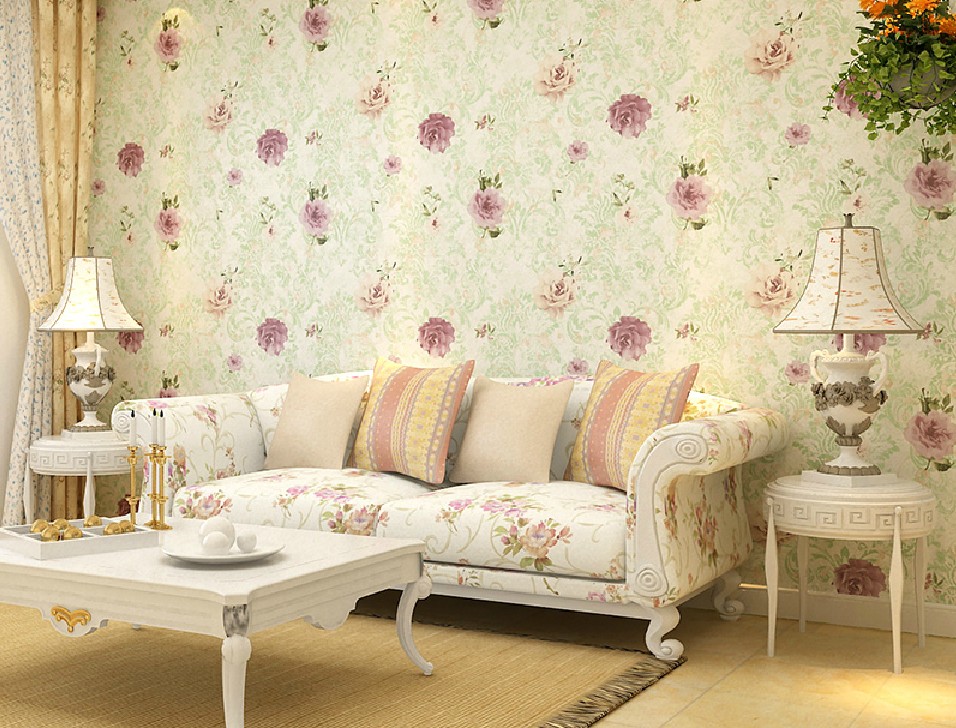 American Country Style Living Room Decorated With Floral Wallpaper