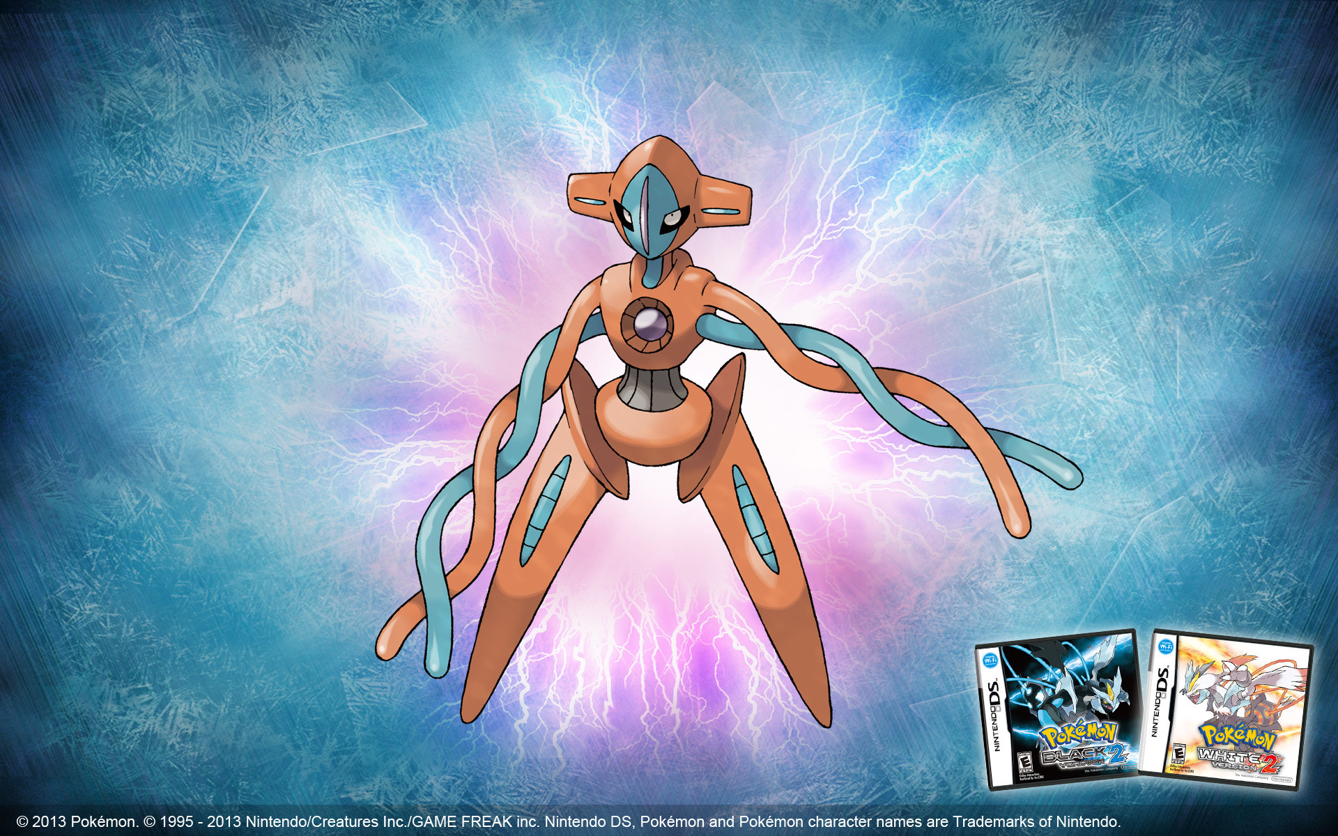 Deoxys, a Psychic-type Mythical Pokémon from Generation III, against a vibrant, electric backdrop. Featured alongside Pokémon Black and White 2 game cartridges for Nintendo DS