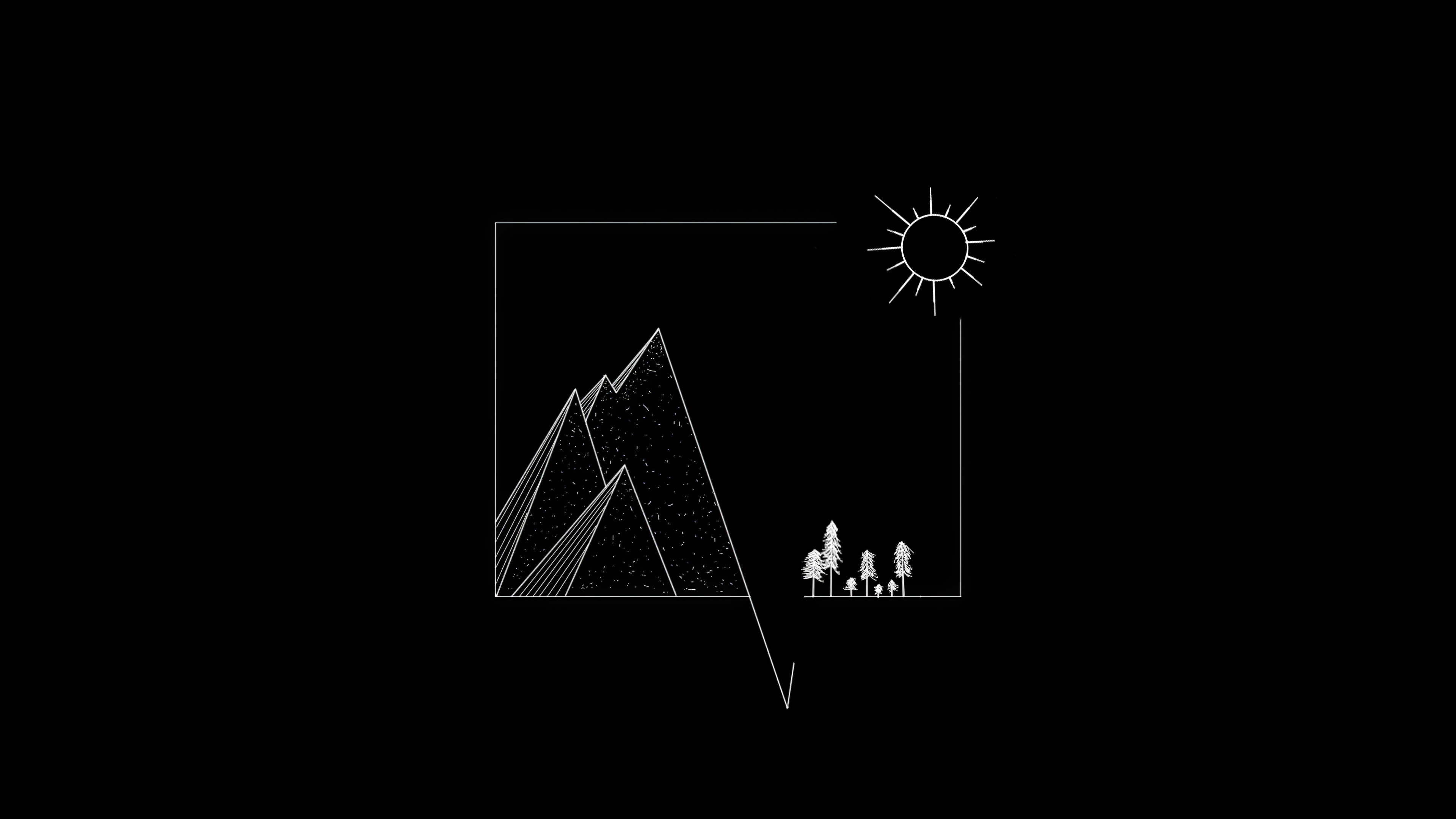 Minimalist 4k wallpaper featuring a geometric mountain range, a stylized sun, and a small group of trees, all rendered in white lines on a black background