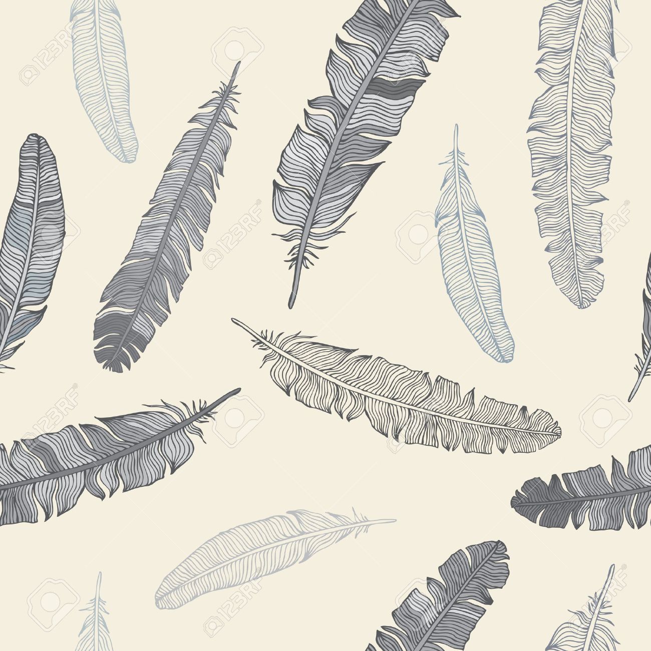 Vintage Feather Seamless Background Hand Drawn Illustration