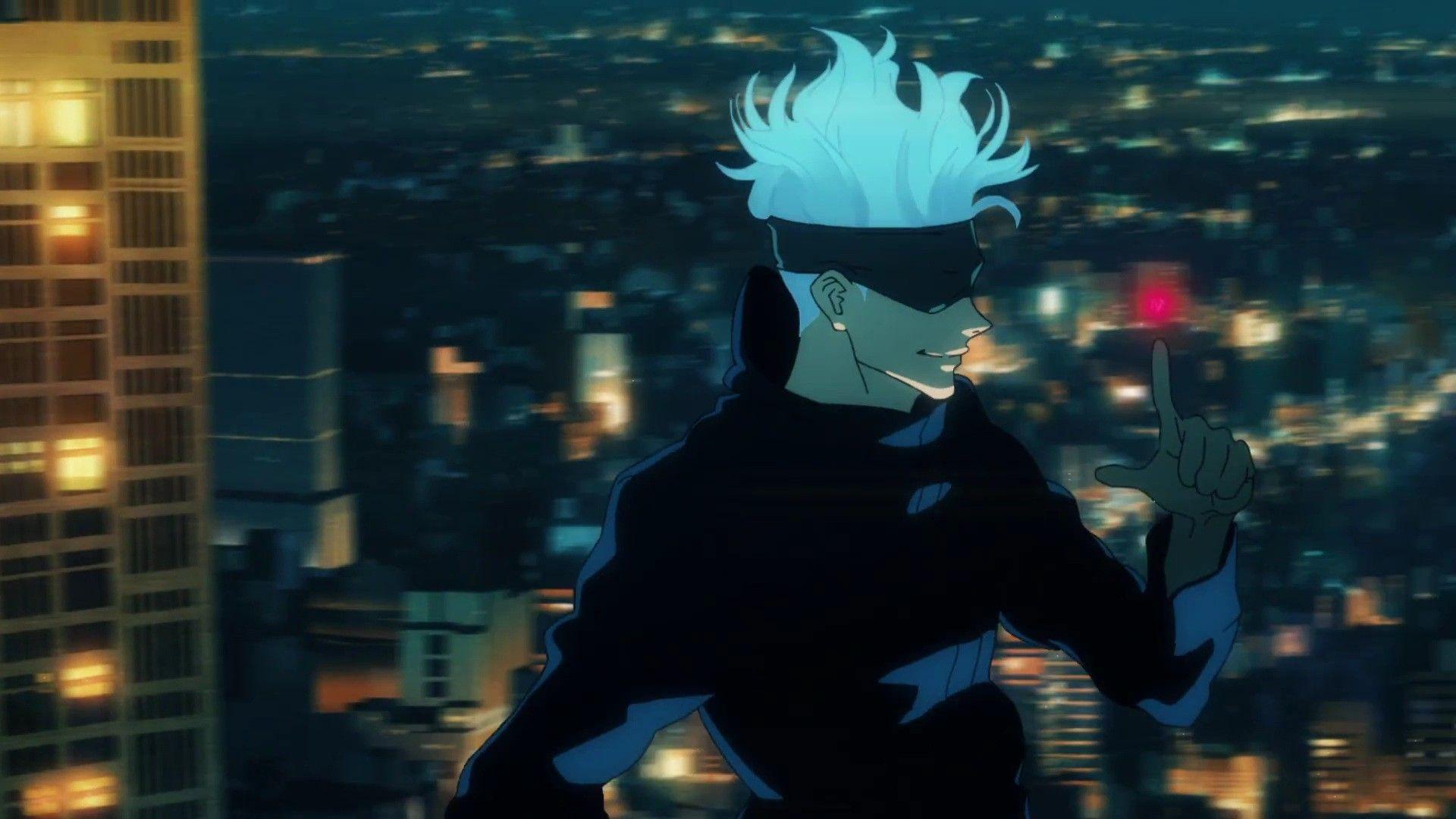 Anime character with light blue hair, wearing a dark outfit and blindfold, pointing finger with a red light above it against a blurred city background at night