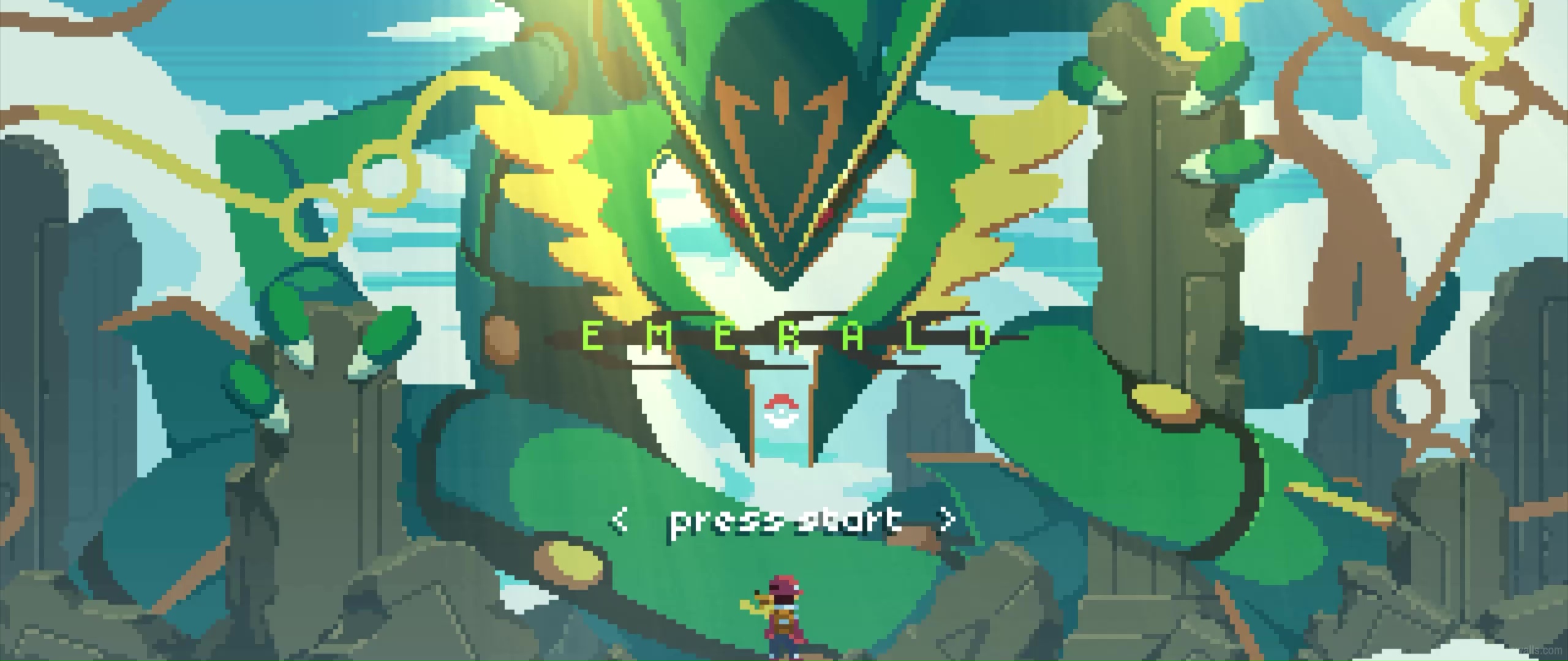 Pixel art wallpaper of Rayquaza from Pokemon Emerald version for phone