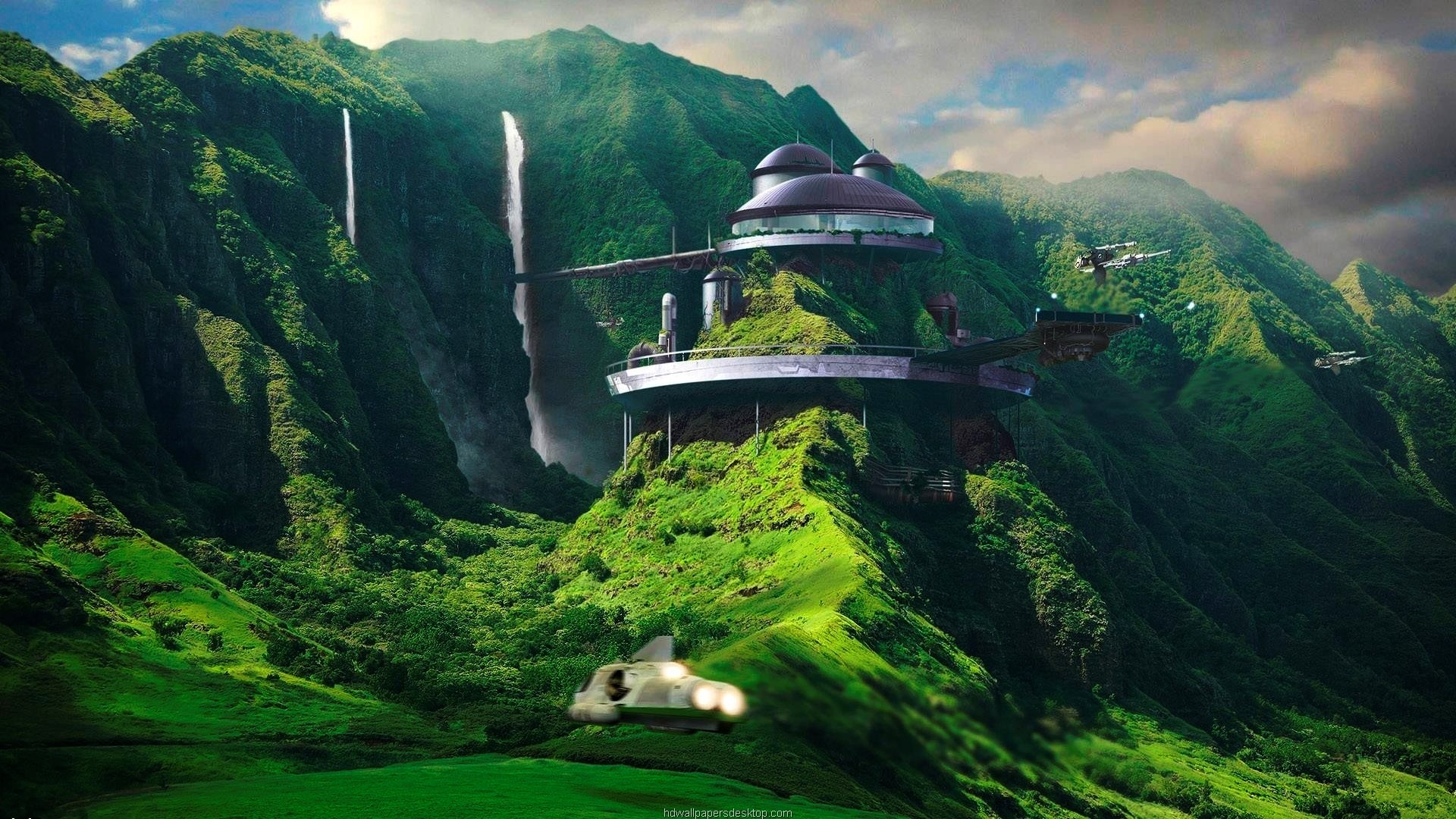 A futuristic, yet nature-integrated city nestled amidst lush green mountains, waterfalls, and flying vehicles, showcasing a harmonious blend of technology and environment
