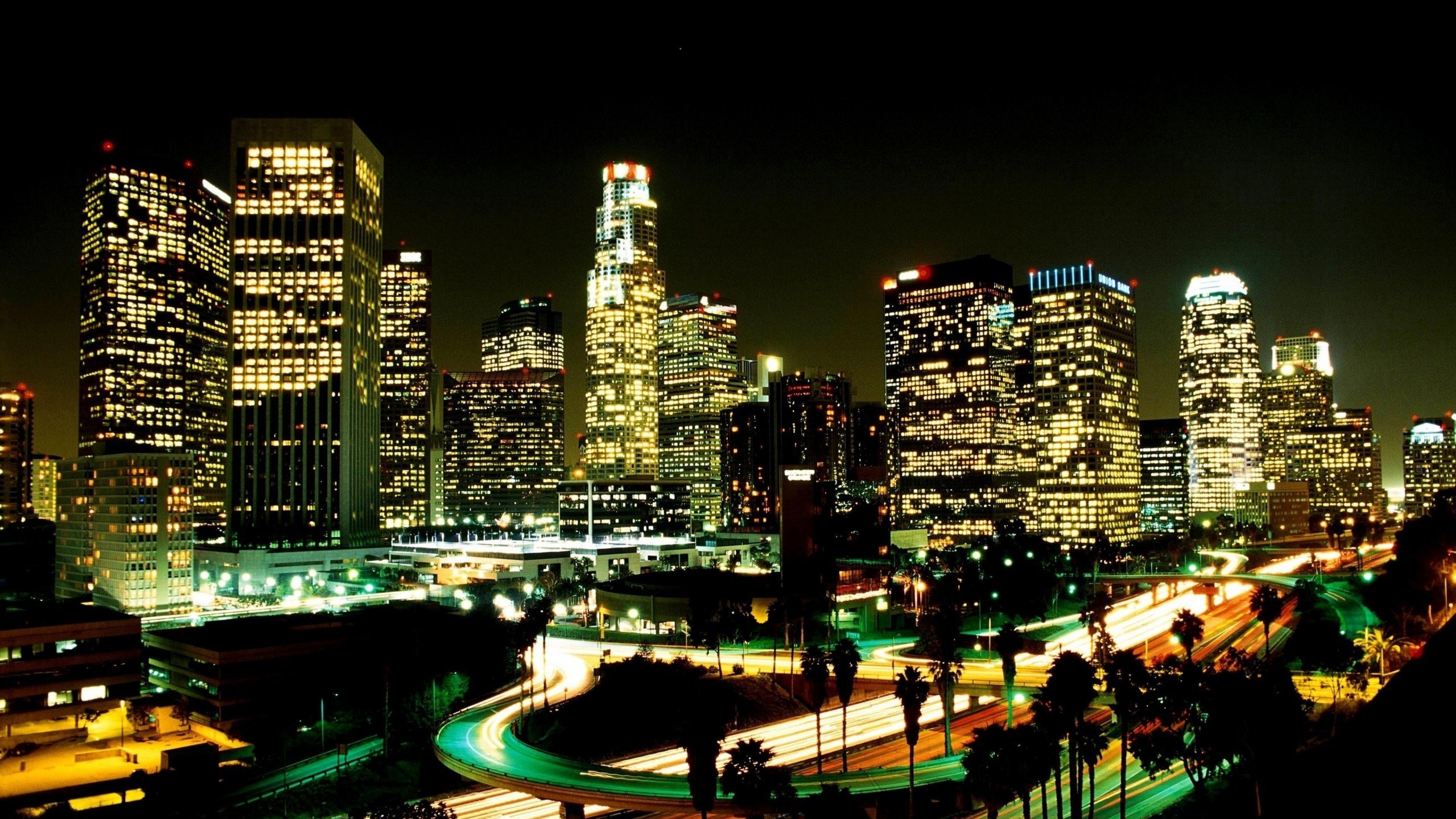 Los Angeles City Night Street Skyscrapers
