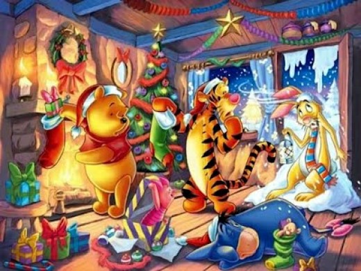 Warm Christmas Wallpaper of Winnie the Pooh Warming Himself by Fire