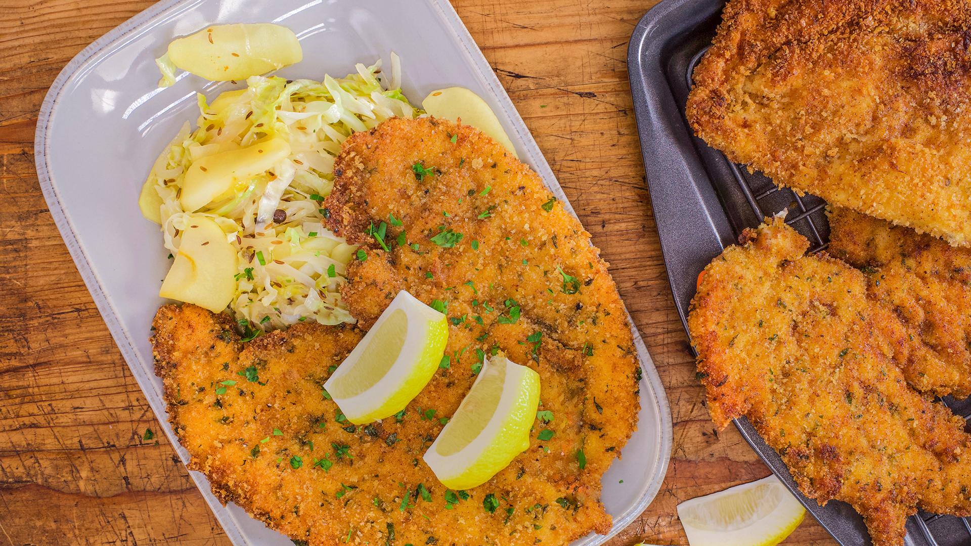 Rachael S Paprika Chicken Schnitzel With Spiced White Cabbage And