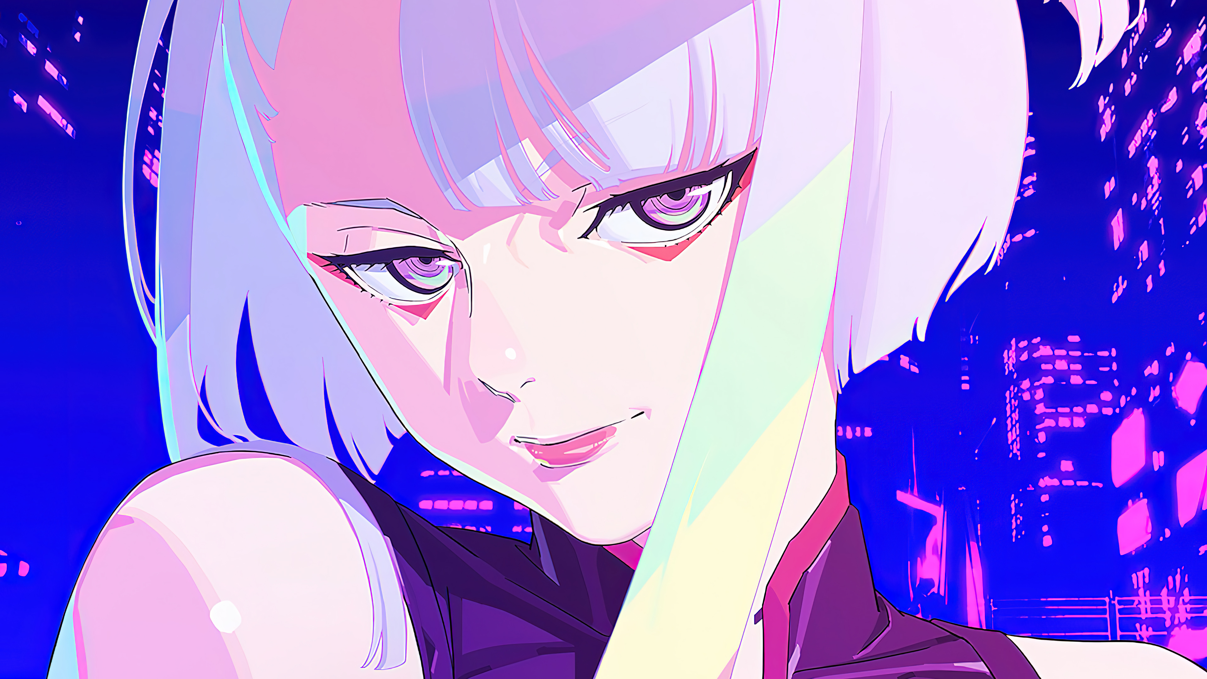 Close-up of an anime girl with purple hair and striking eyes, set against a vibrant cyberpunk cityscape backdrop