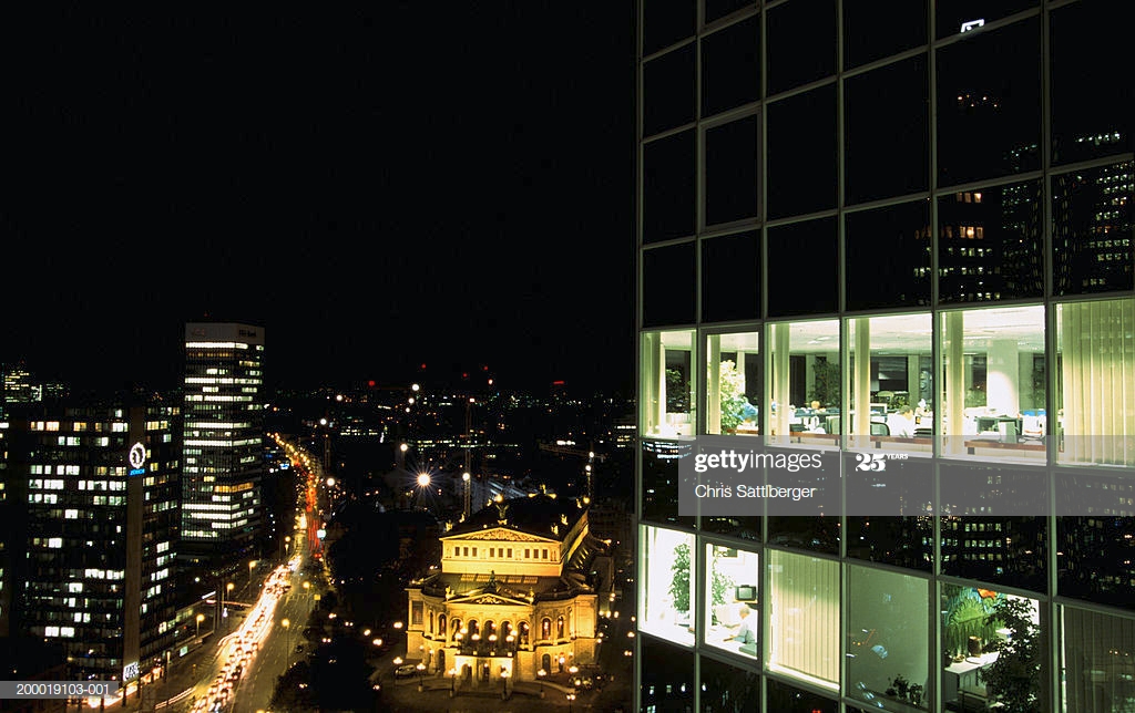 Germany Frankfurt Office Blocks At Night Opera House In Background