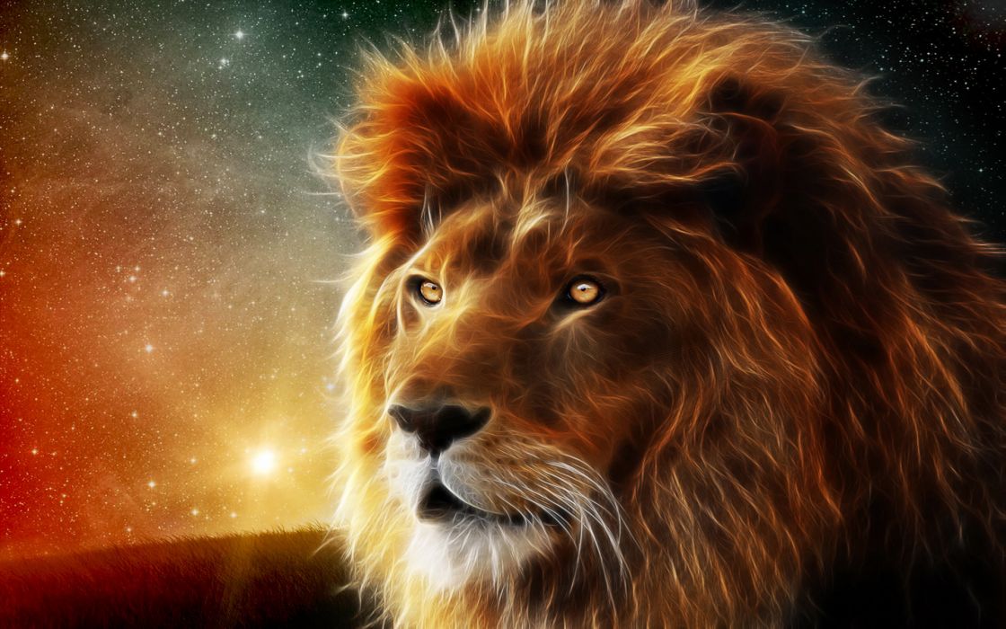 Animals lion abstract fractal sci fi space nebula stars wallpaper