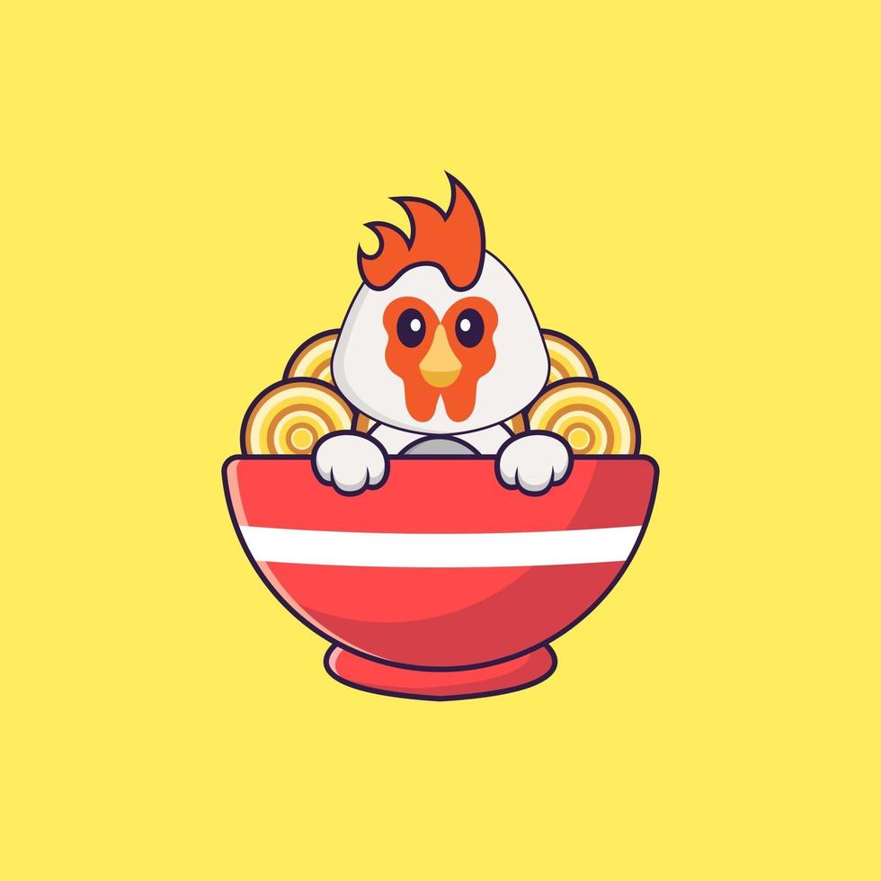 Cute Chicken Eating Ramen Noodles Animal Cartoon Concept Isolated