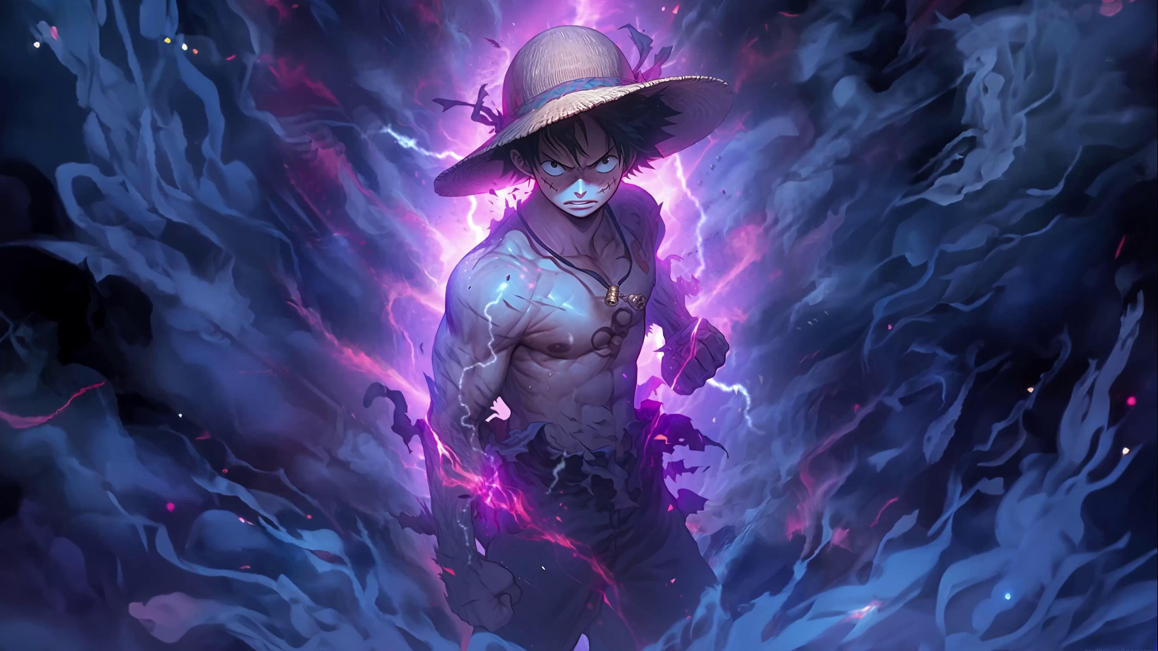 A vibrant illustration of Monkey D. Luffy from One Piece, emanating purple energy and set against a dynamic, swirling backdrop