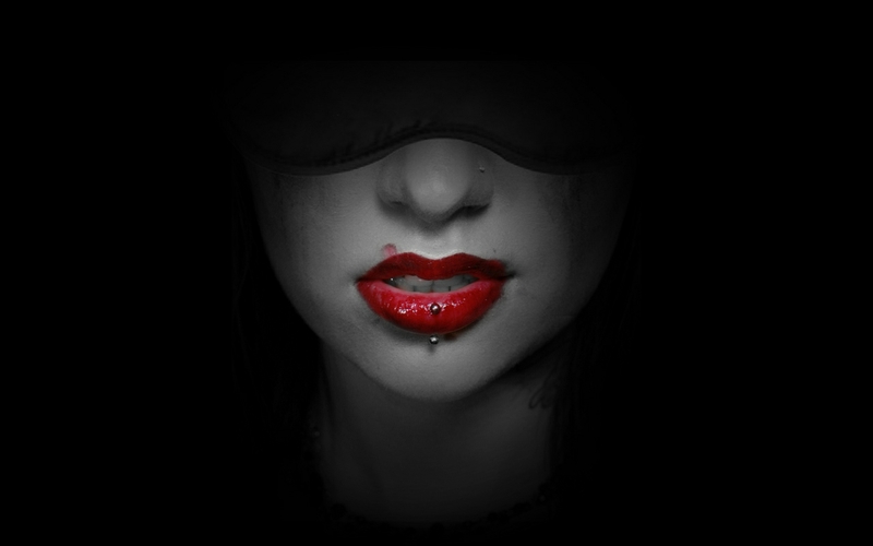 Women Red Lips Piercings Selective Coloring