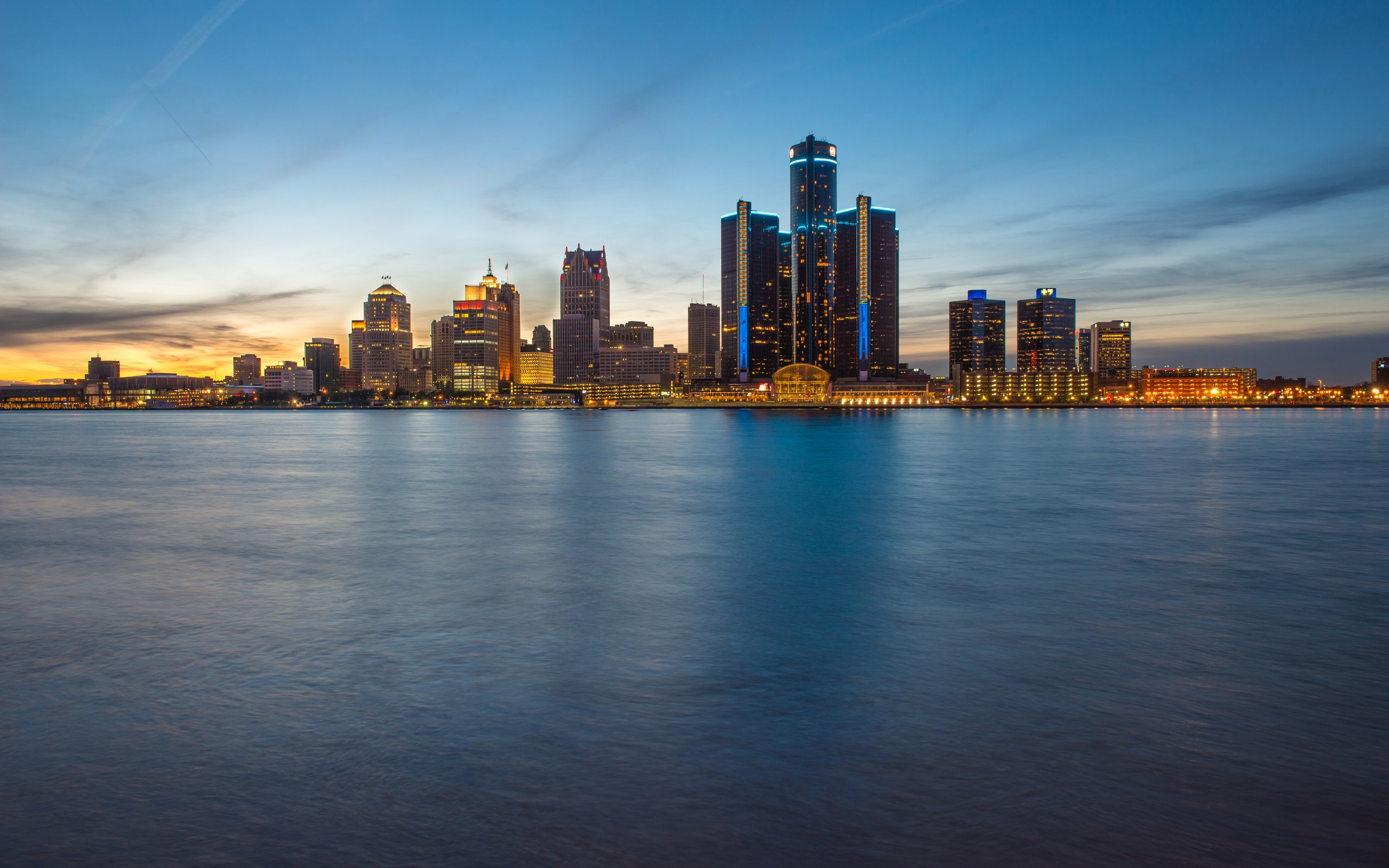 Skyline Blue Hour Evening Detroit Wallpaper Background