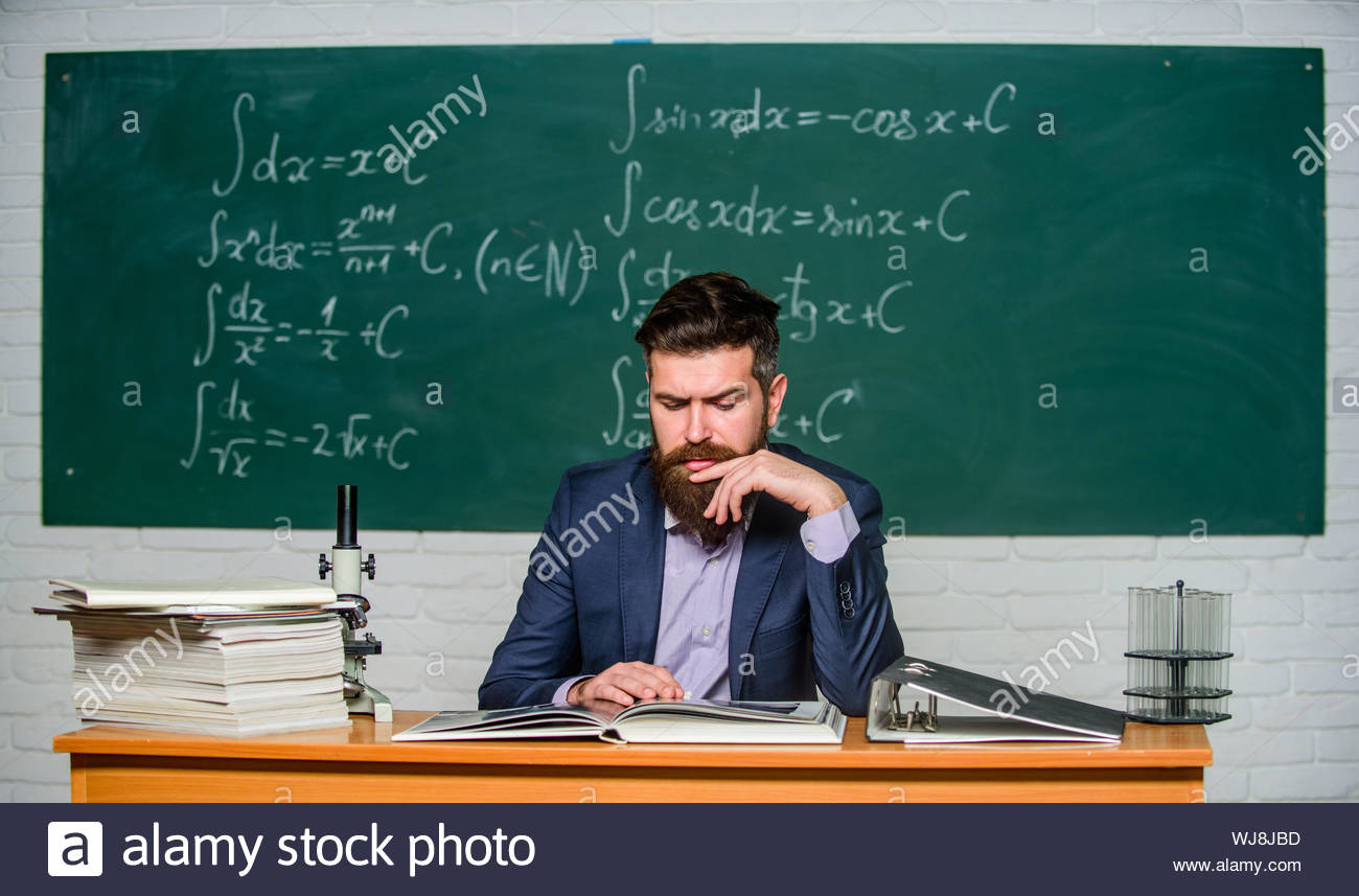 Prepare For Lesson Teacher Strict Serious Bearded Man Chalkboard