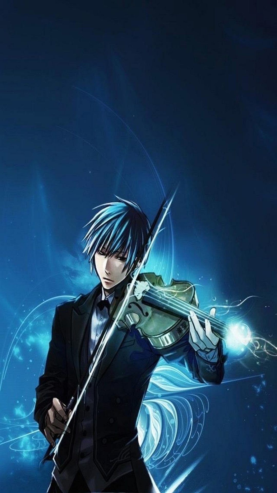An anime boy with blue hair playing the violin against a dark blue background with glowing light streaks, cool anime wallpaper