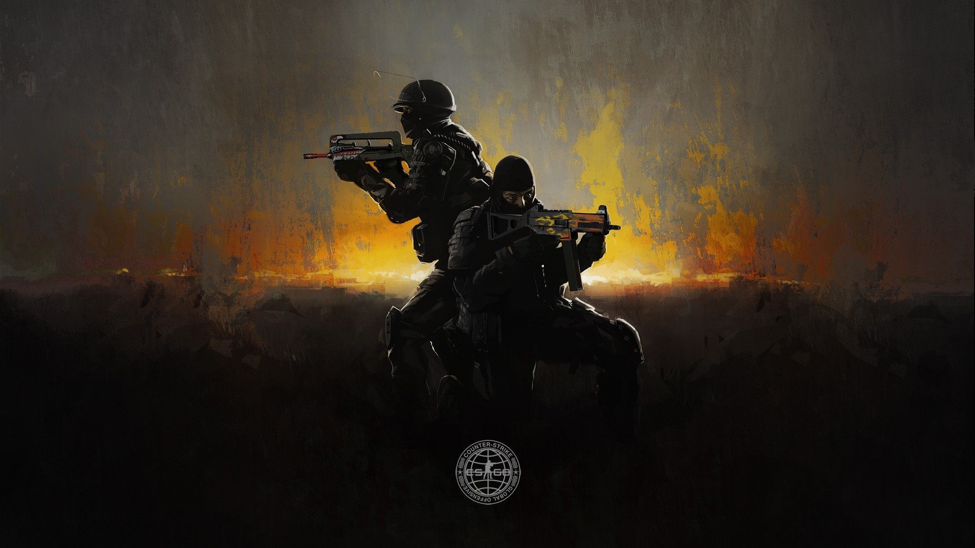 Two Counter-Strike: Global Offensive (CS:GO) counter-terrorist operatives silhouetted against a fiery backdrop, armed and ready for combat