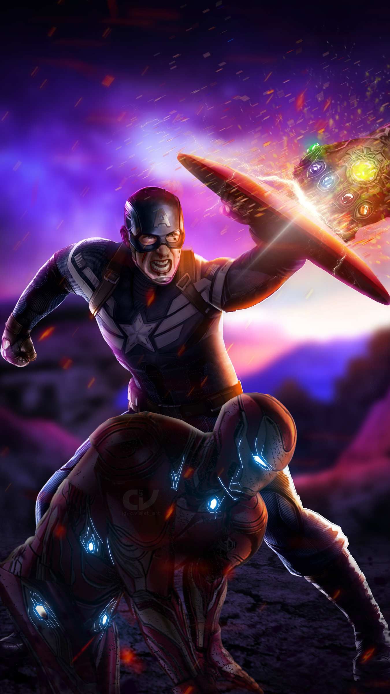 Captain and Tony Fighting Thanos Avengers Endgame iPhone Wallpaper 1350x2400