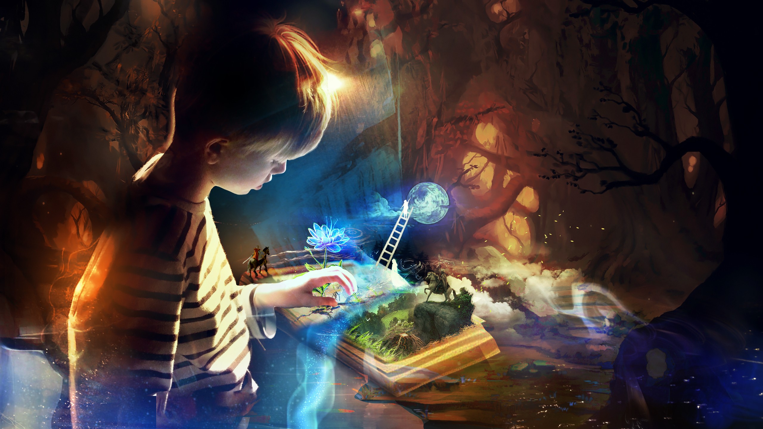 A child's imagination comes to life as they interact with a magical pop-up book, transporting them to a world of fantasy and adventure