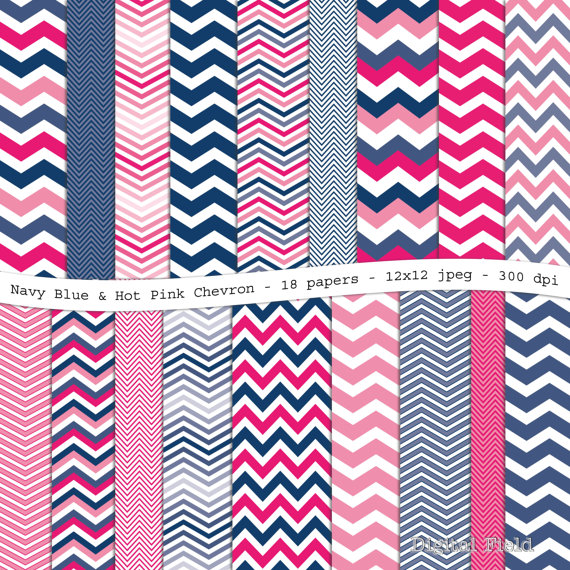 Hot Pink And Navy Blue Chevron Digital Scrapbooking Paper Pack