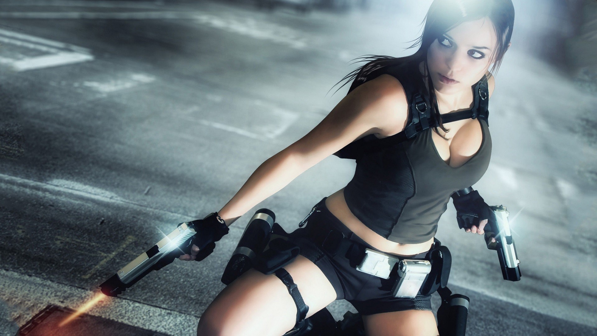 Lara Croft Tomb Raider Cosplay Handgun Brute Cleavage Wallpaper