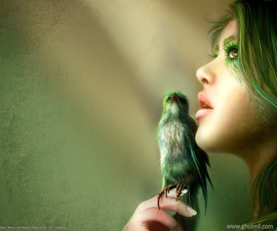 Girl With Green Sparrow 3d HD High Resolution Wallpaper Windows Mobile