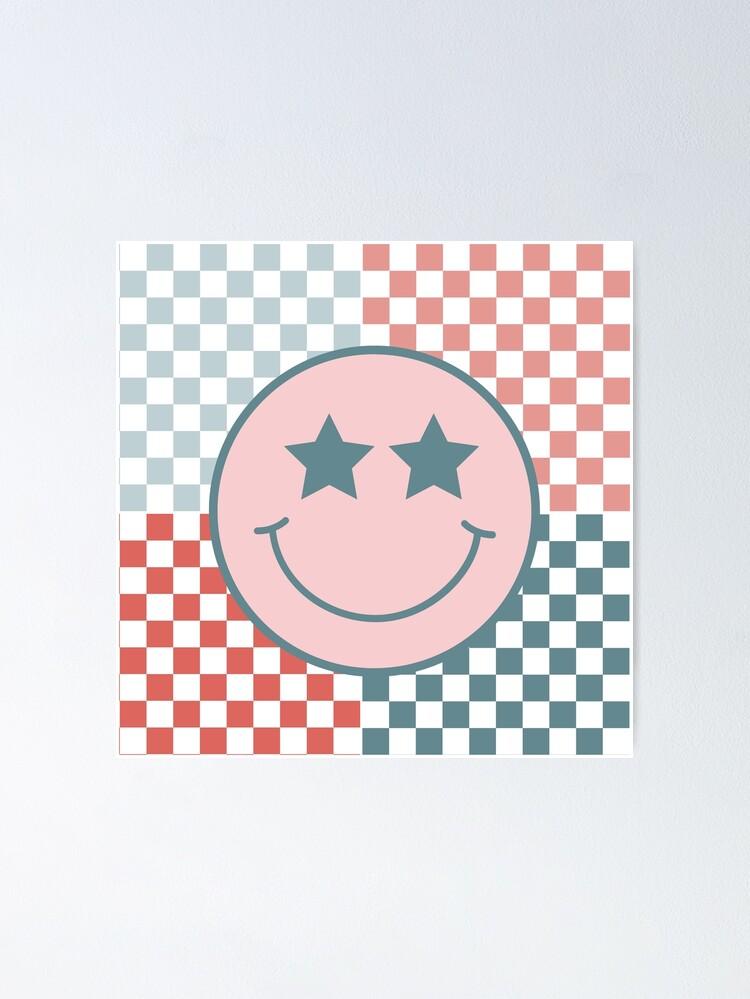 Preppy Smiley Face on Pastel Pink and Blue Checker Board Poster