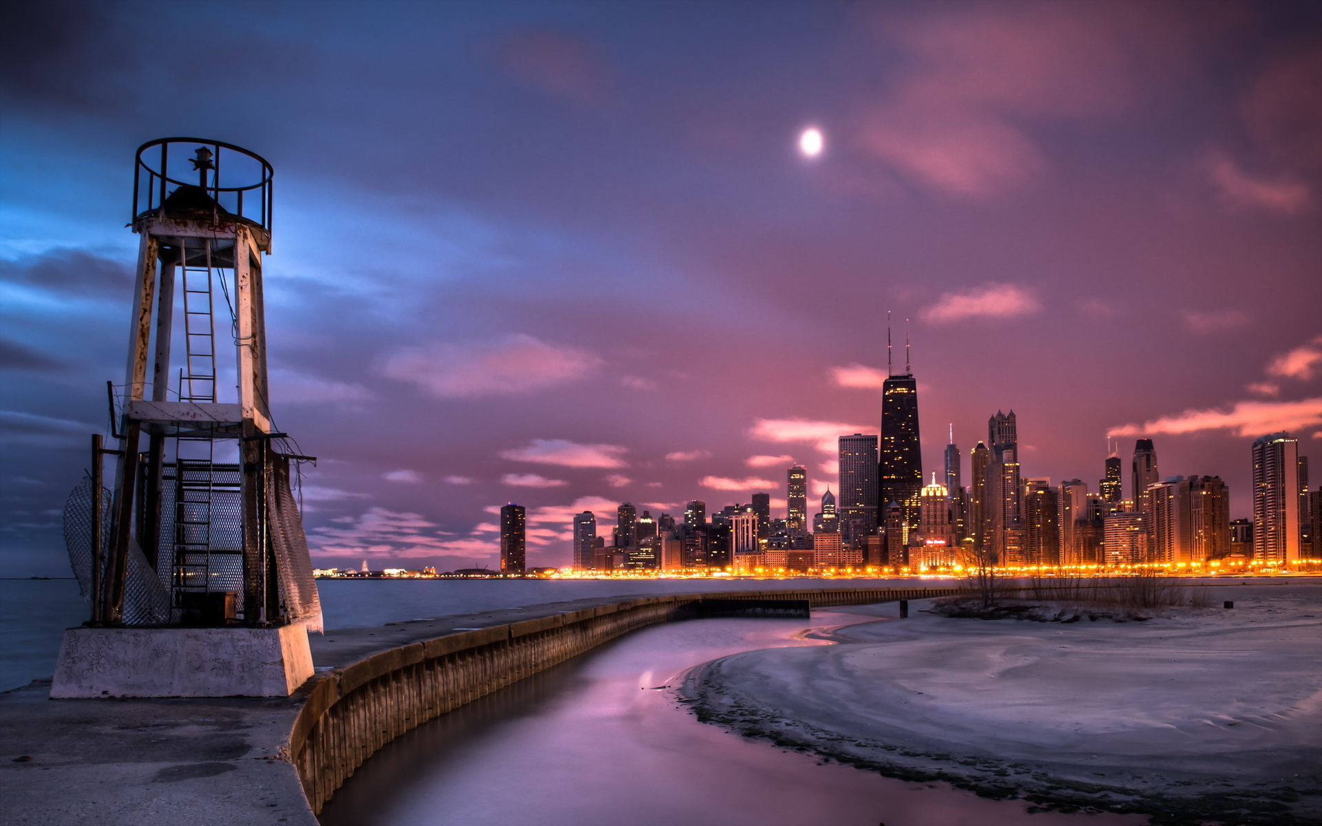 Chicago winter ice jetty lighthouse lakes night lights architecture 1920x1200