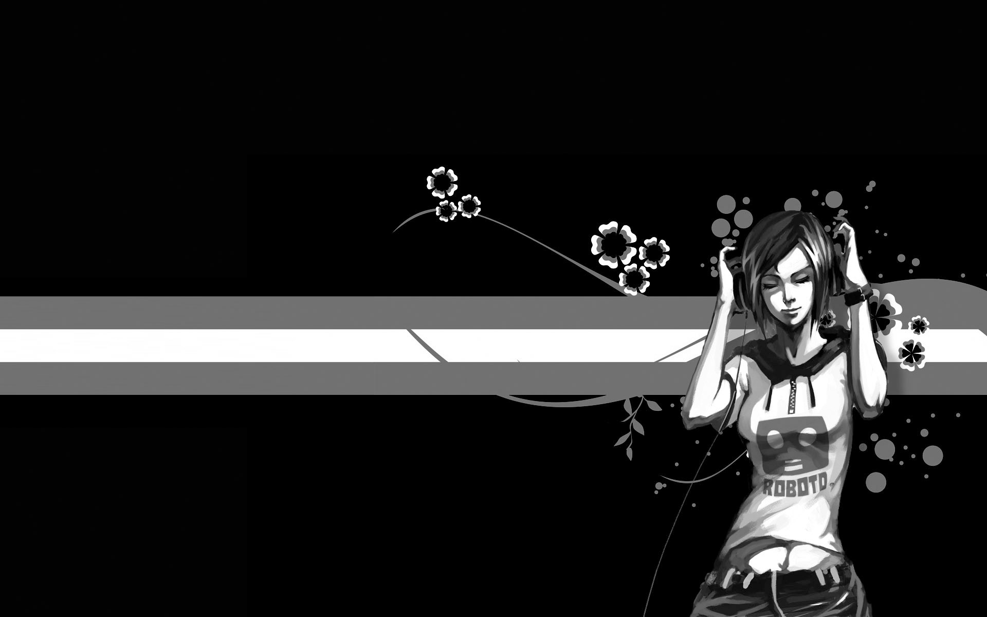 Girl Hearing Music With Black And White Flowers Background HD