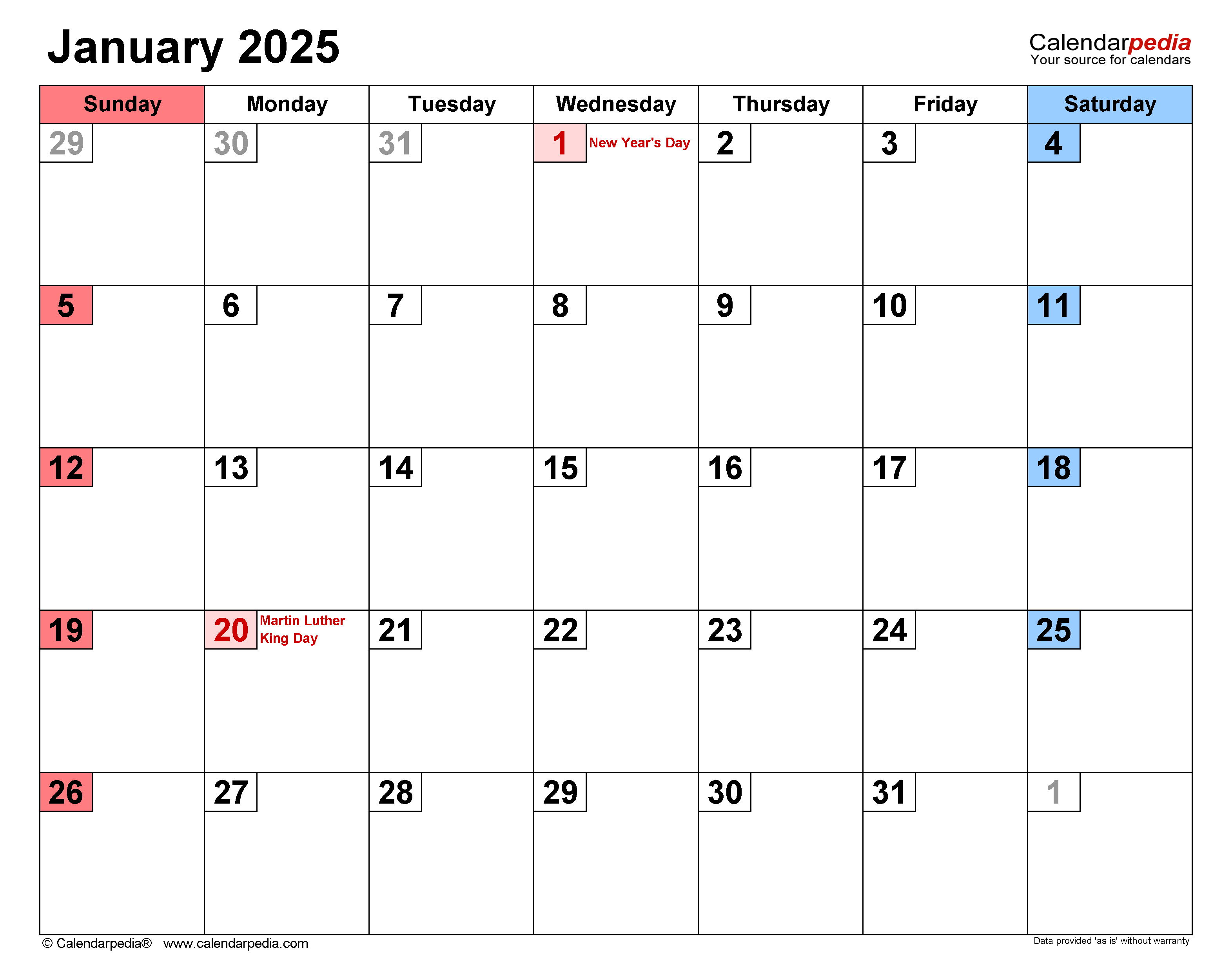 January 2025 calendar with holidays and events