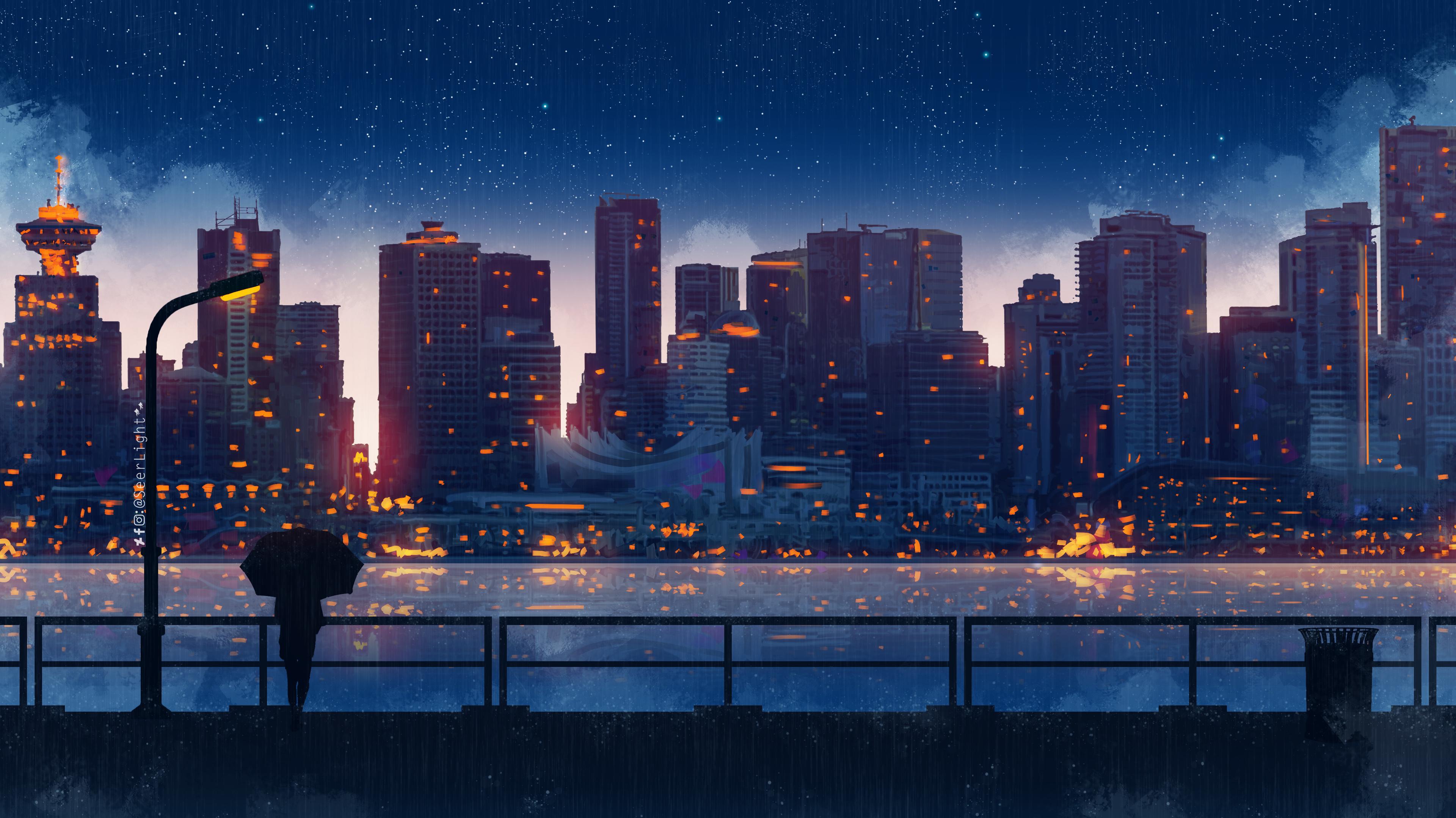 Wallpaper 4k Anime City Lights Night Rain Umbrella Sky