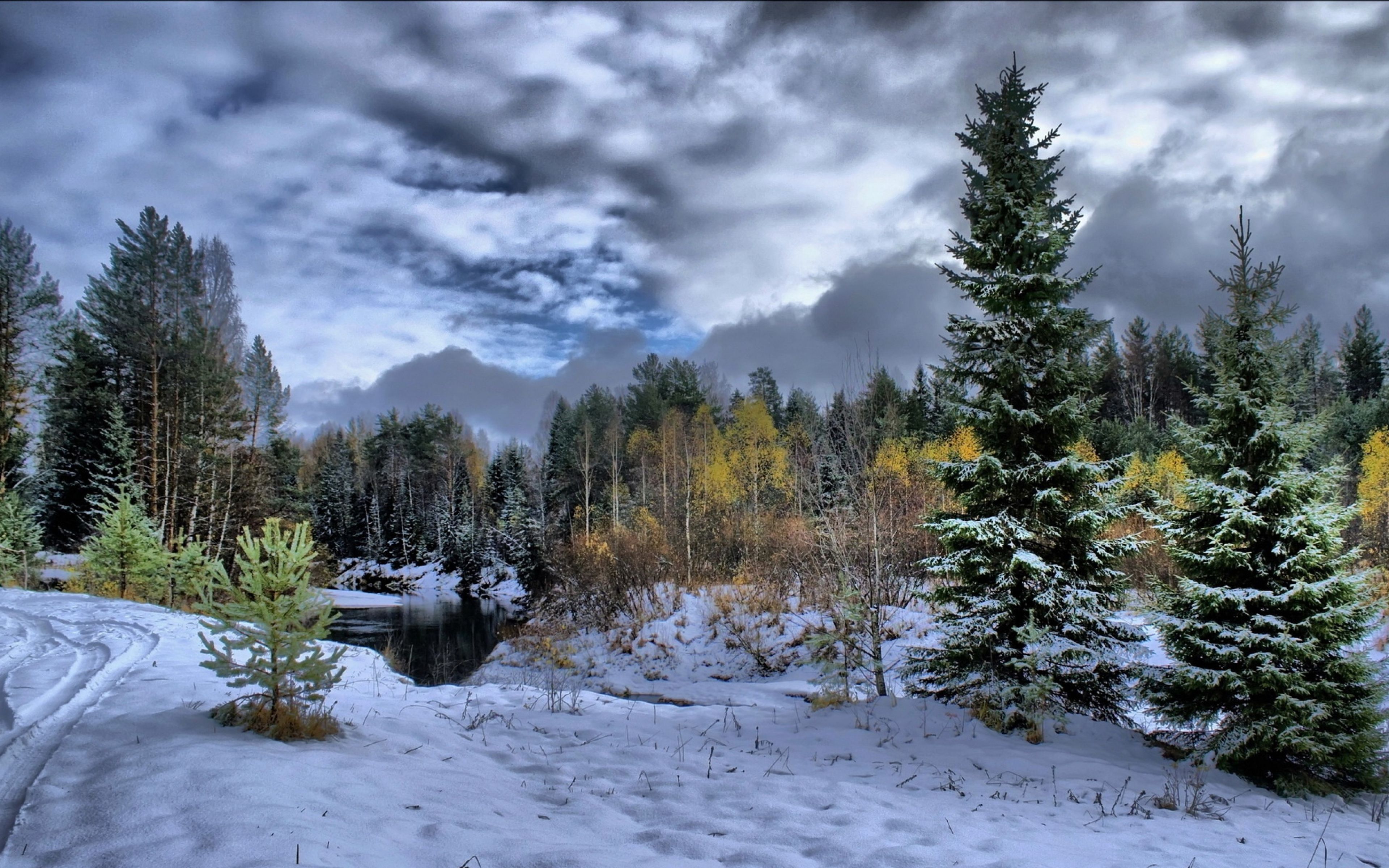 A serene winter landscape with snow-covered ground, a frozen river, and evergreen trees against a dramatic cloudy sky