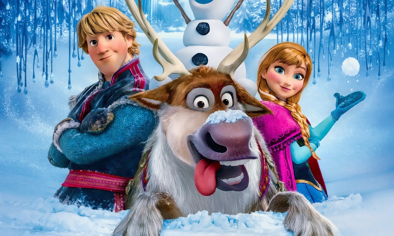 Kristoff, Sven, Anna, and Olaf in a snowy scene from Disney's Frozen